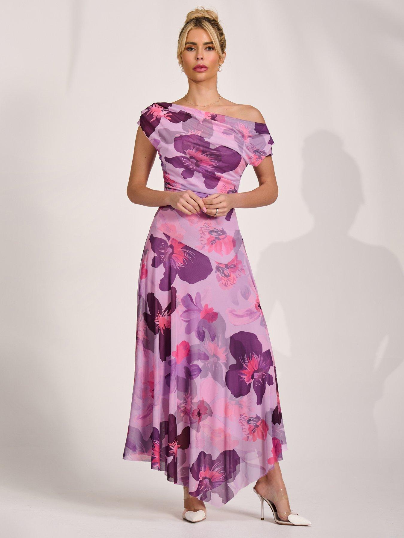 Image 1 of 7 of Jolie Moi Asymmetrical Draped Mesh Maxi Dress - Pink
