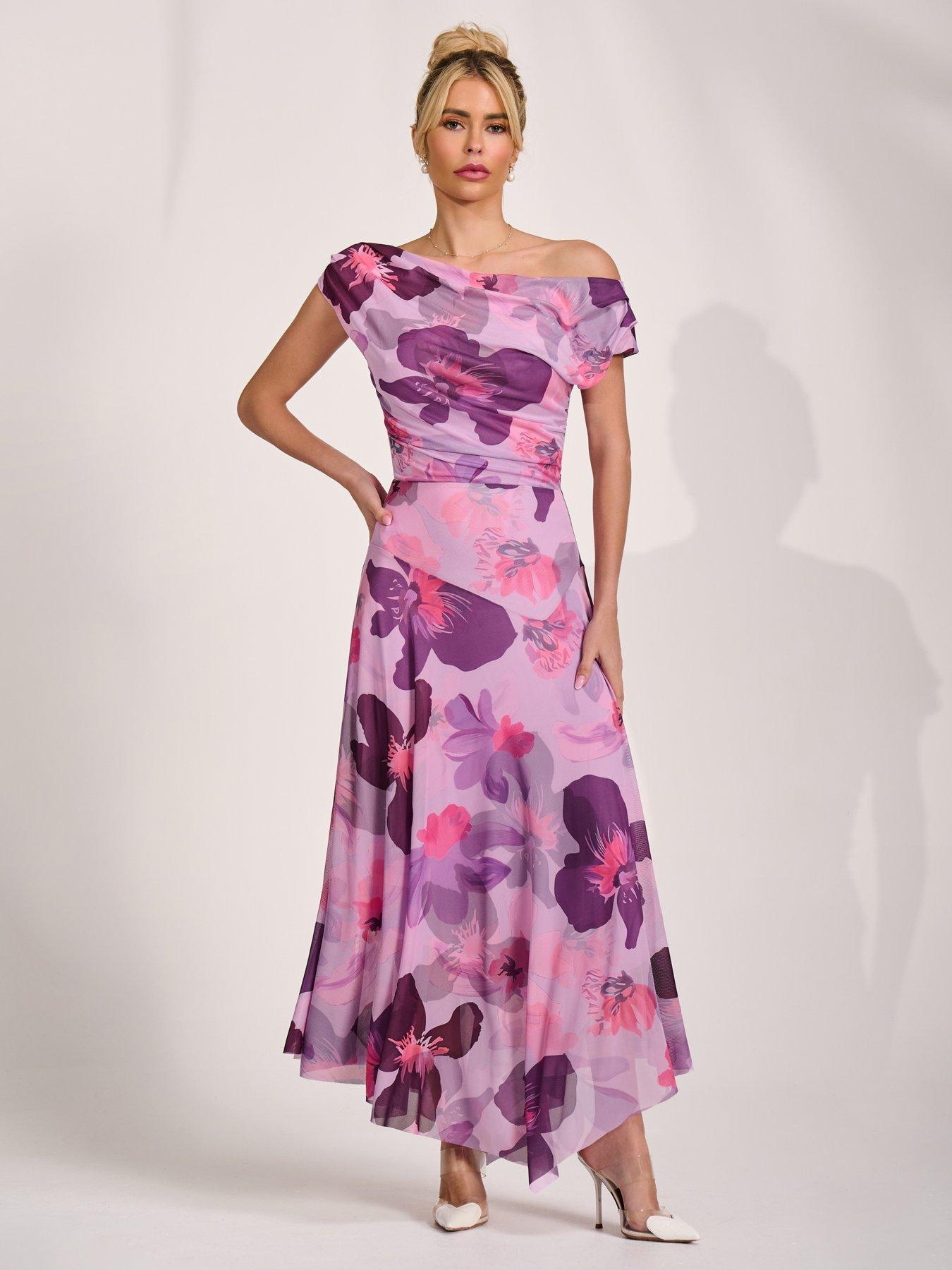 Image 3 of 7 of Jolie Moi Asymmetrical Draped Mesh Maxi Dress - Pink