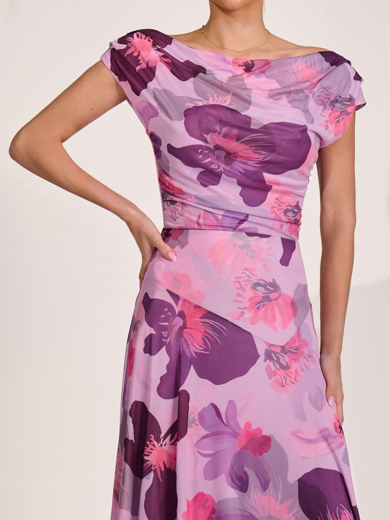 Image 4 of 7 of Jolie Moi Asymmetrical Draped Mesh Maxi Dress - Pink
