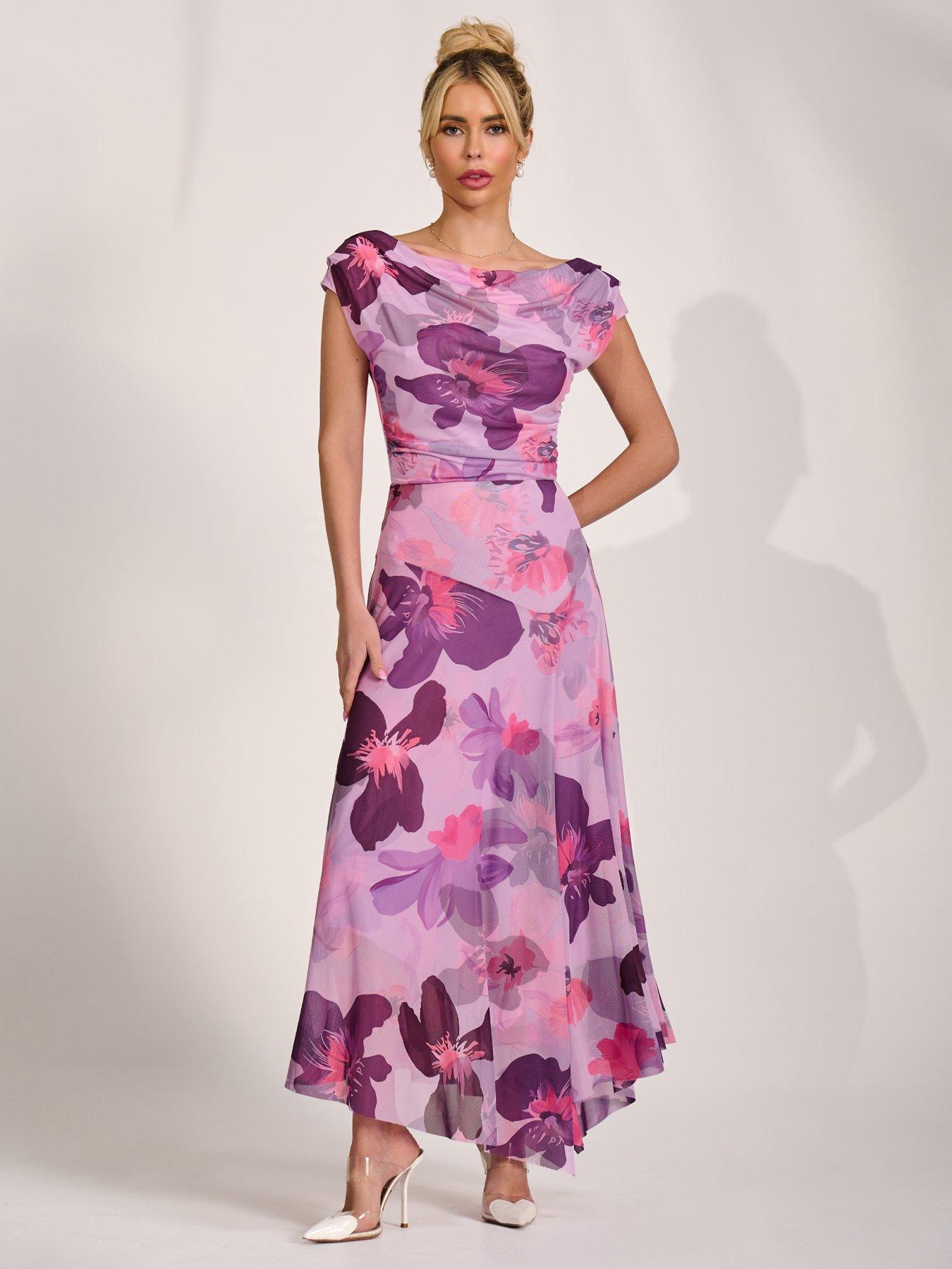 Image 5 of 7 of Jolie Moi Asymmetrical Draped Mesh Maxi Dress - Pink