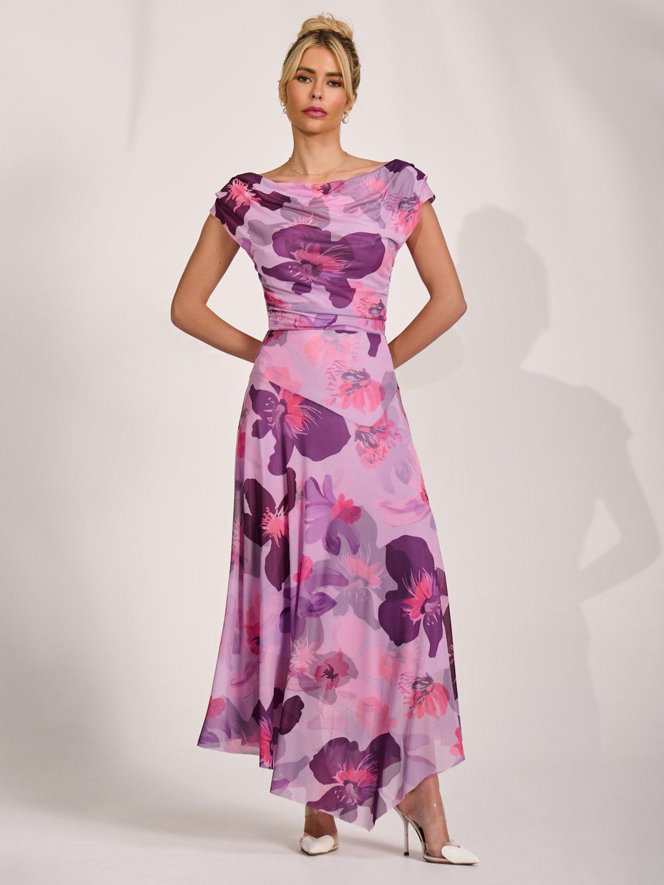 Image 6 of 7 of Jolie Moi Asymmetrical Draped Mesh Maxi Dress - Pink