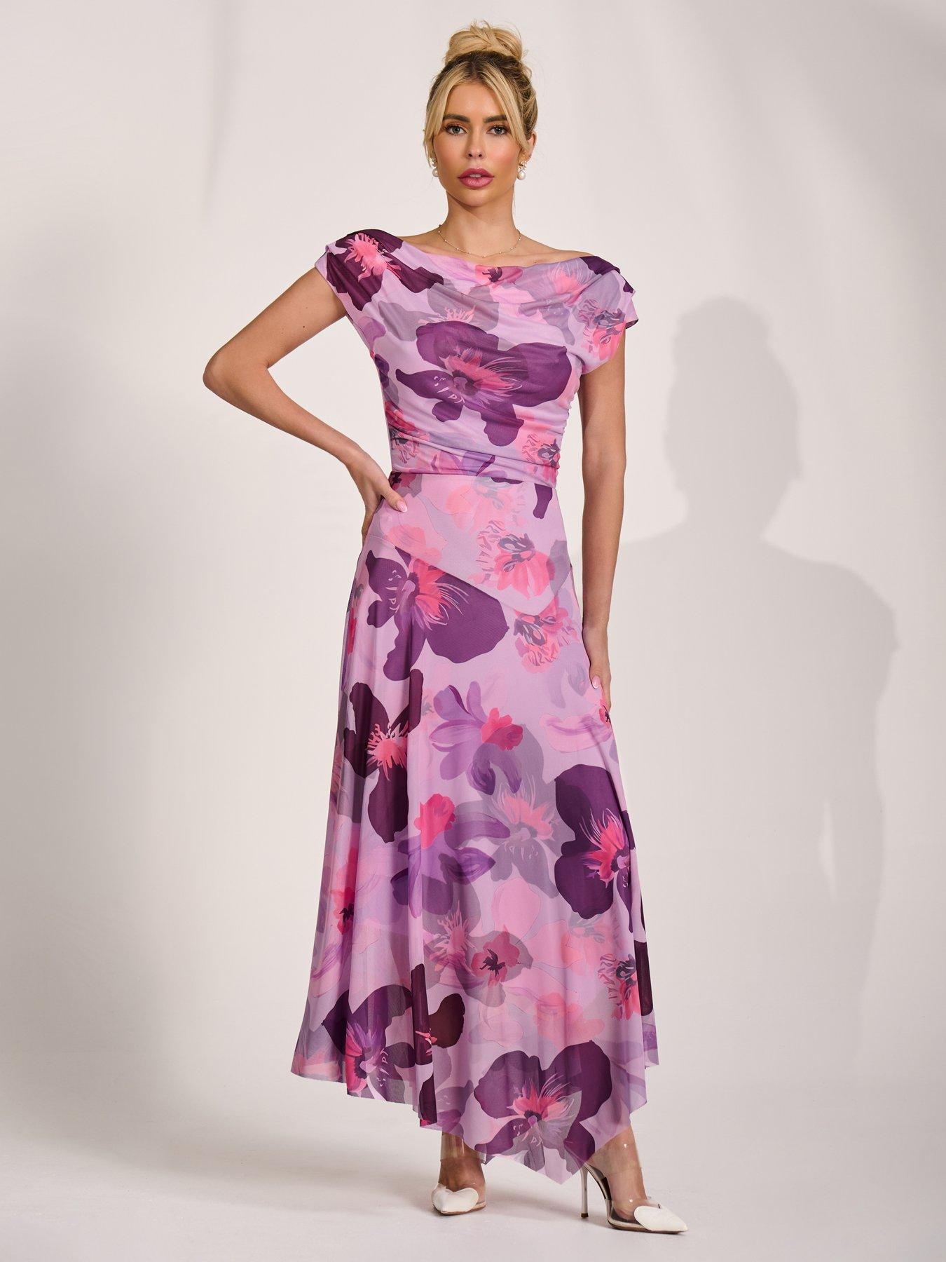 Image 7 of 7 of Jolie Moi Asymmetrical Draped Mesh Maxi Dress - Pink