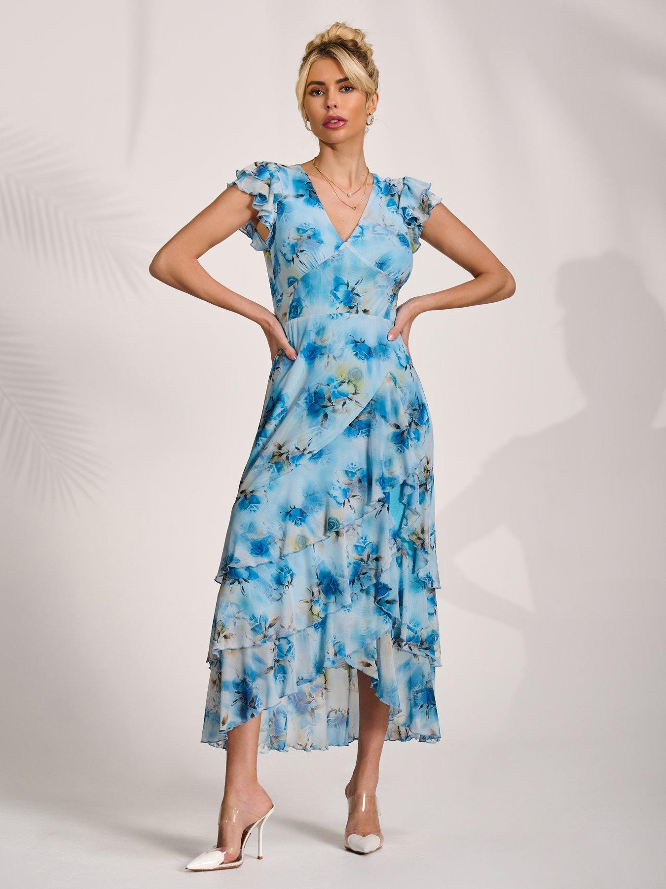 Jolie Moi Mesh Ruffle Detail Maxi Dress - Blue