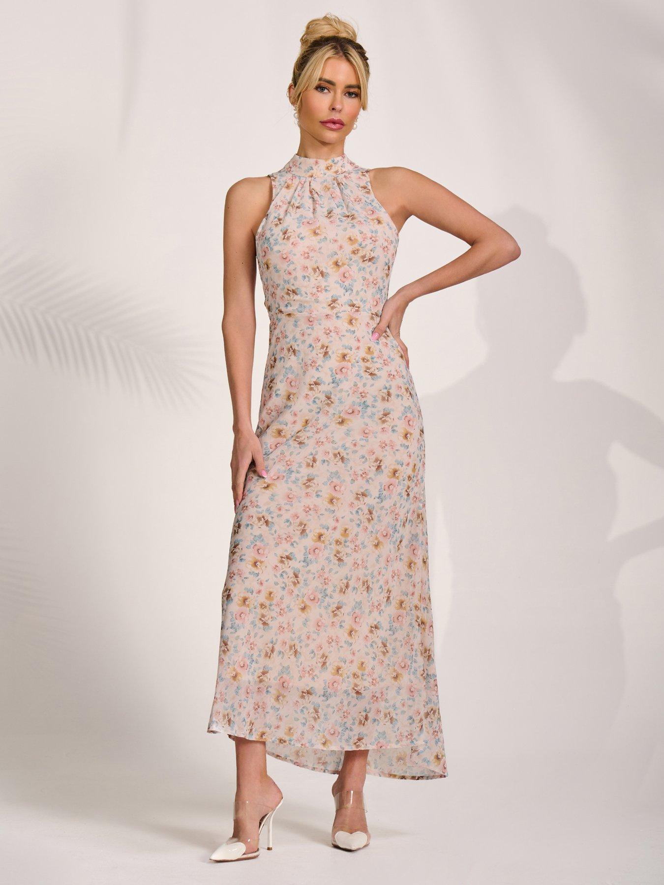 Jolie Moi Sleeveless Chiffon Halterneck Midaxi Dress - Pink