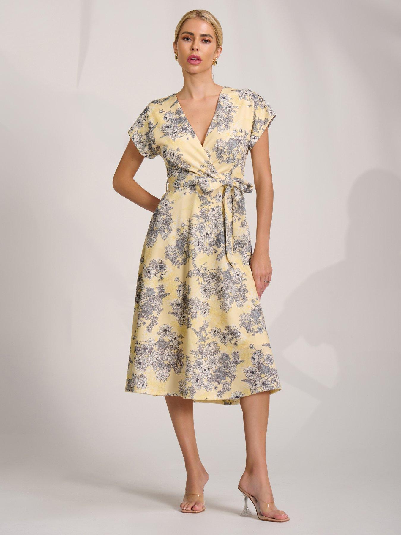 Jolie Moi Kimono Sleeve Print Scuba Midi Dress - Yellow