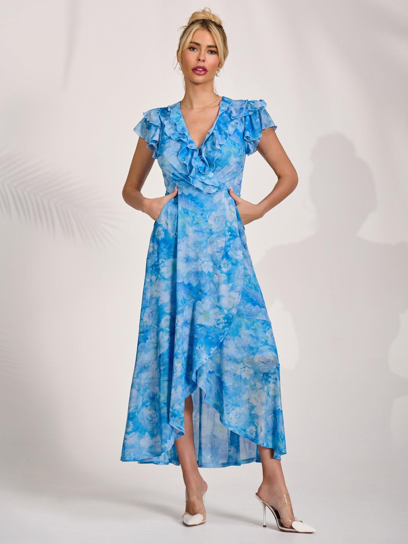 Jolie Moi Ruffled Mesh Maxi Dress - Blue