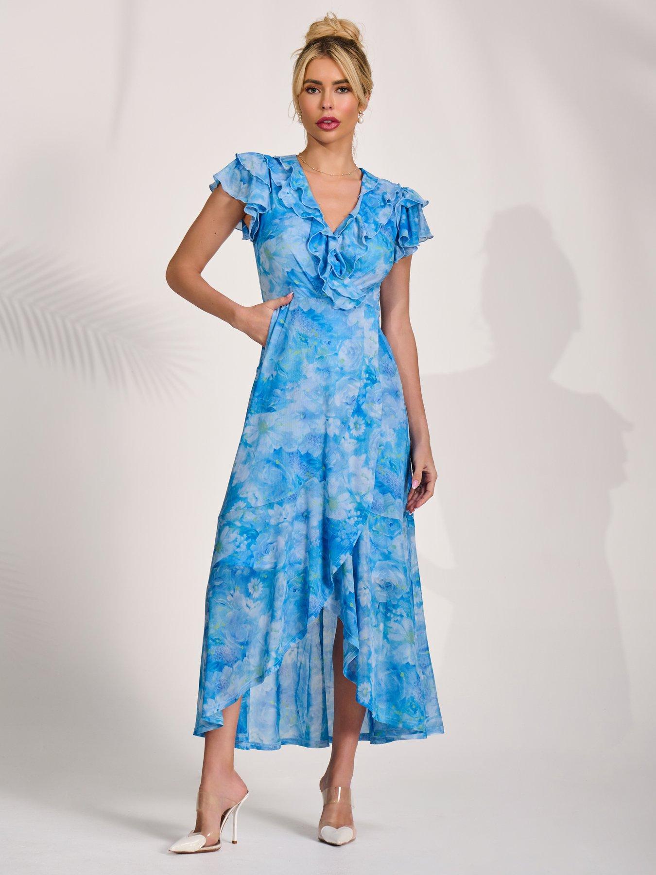 Image 6 of 7 of Jolie Moi Ruffled Mesh Maxi Dress - Blue