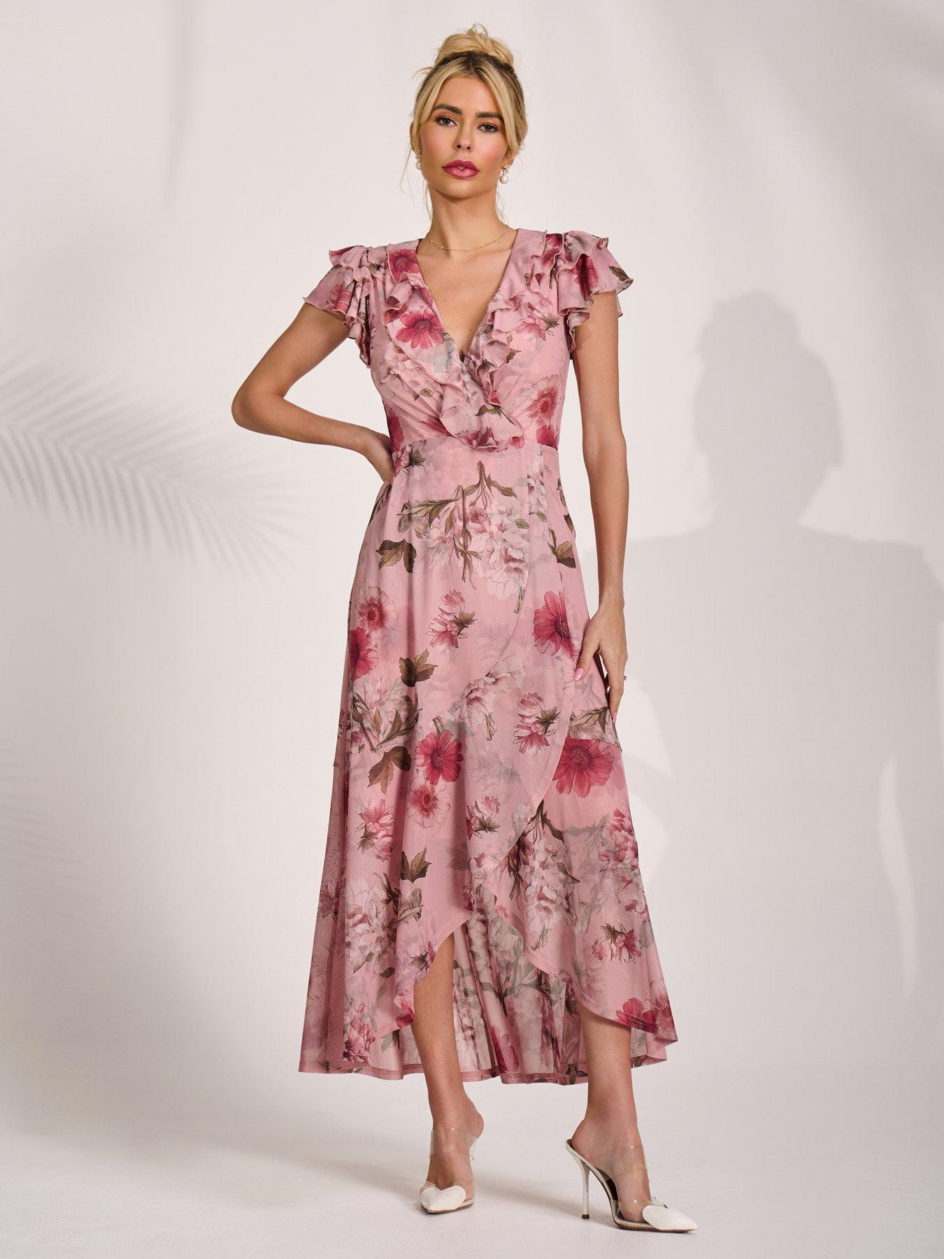 Jolie Moi Ruffled Mesh Maxi Dress - Pink