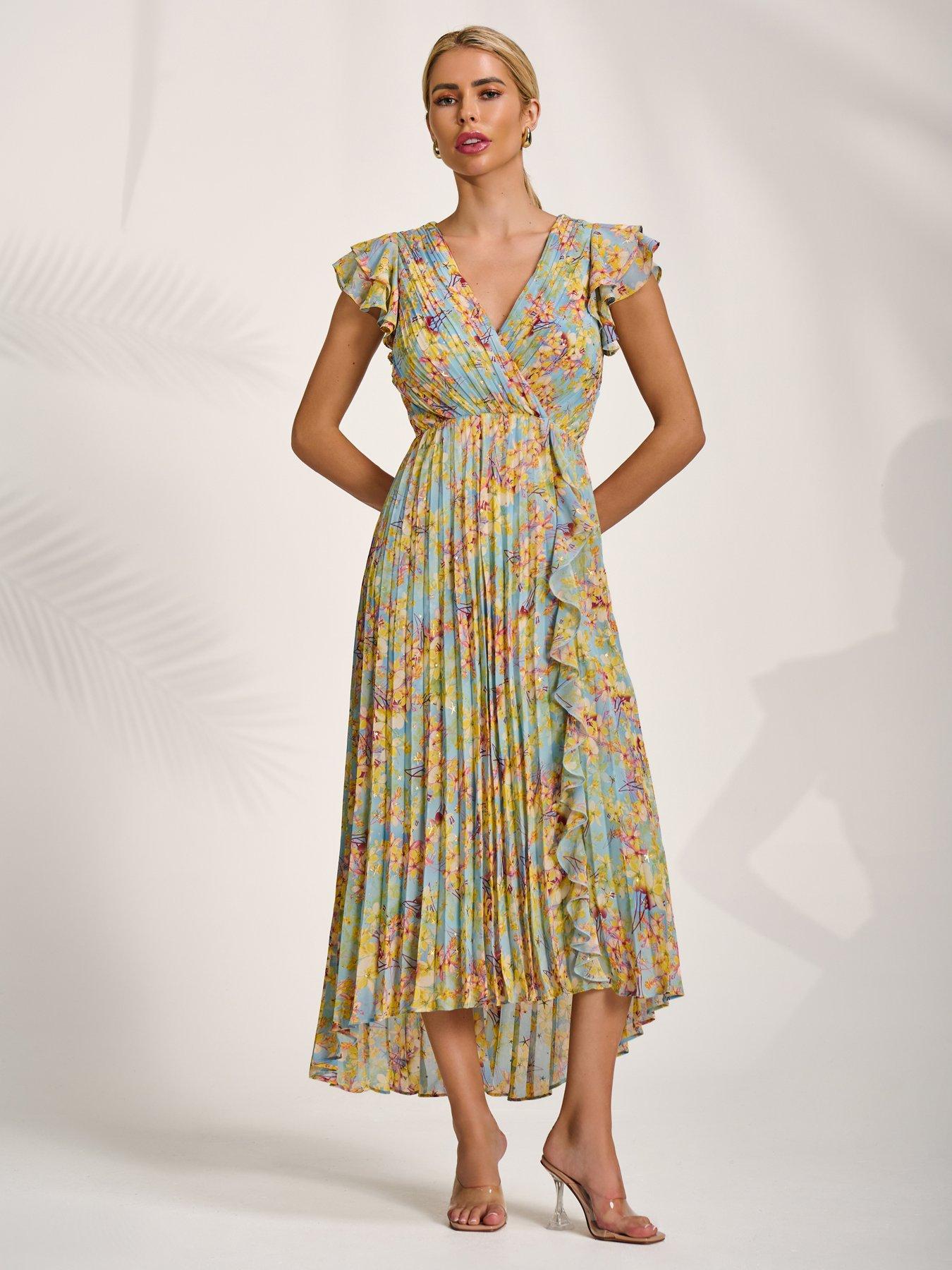 Jolie Moi Pleated Chiffon Dip Hem Maxi Dress - Yellow