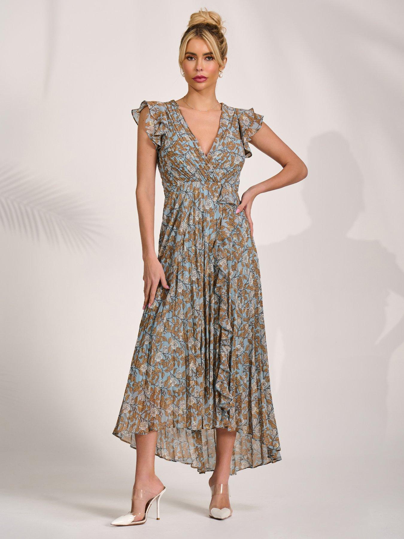 Jolie Moi Pleated Chiffon Dip Hem Maxi Dress - Blue