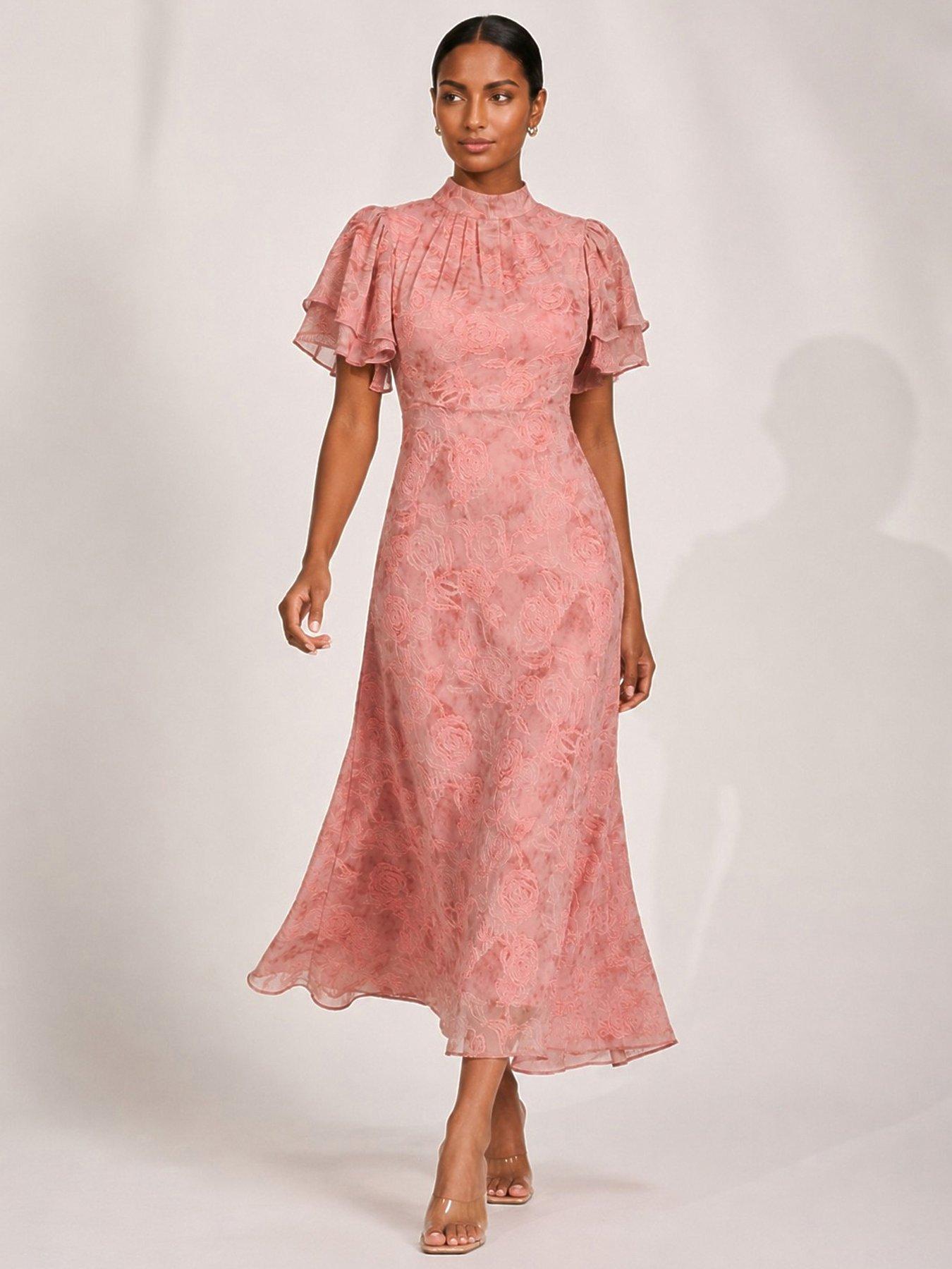 Jolie Moi High Neck Angel Sleeve Chiffon Maxi Dress - Pink
