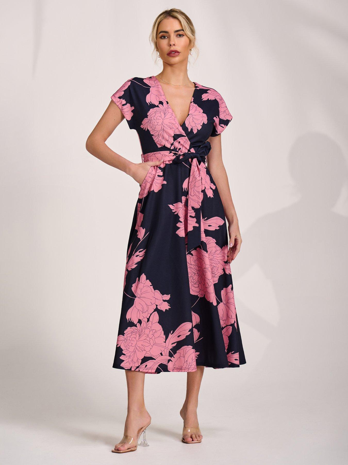 Jolie Moi Kimono Sleeve Print Scuba Midaxi Dress - Pink
