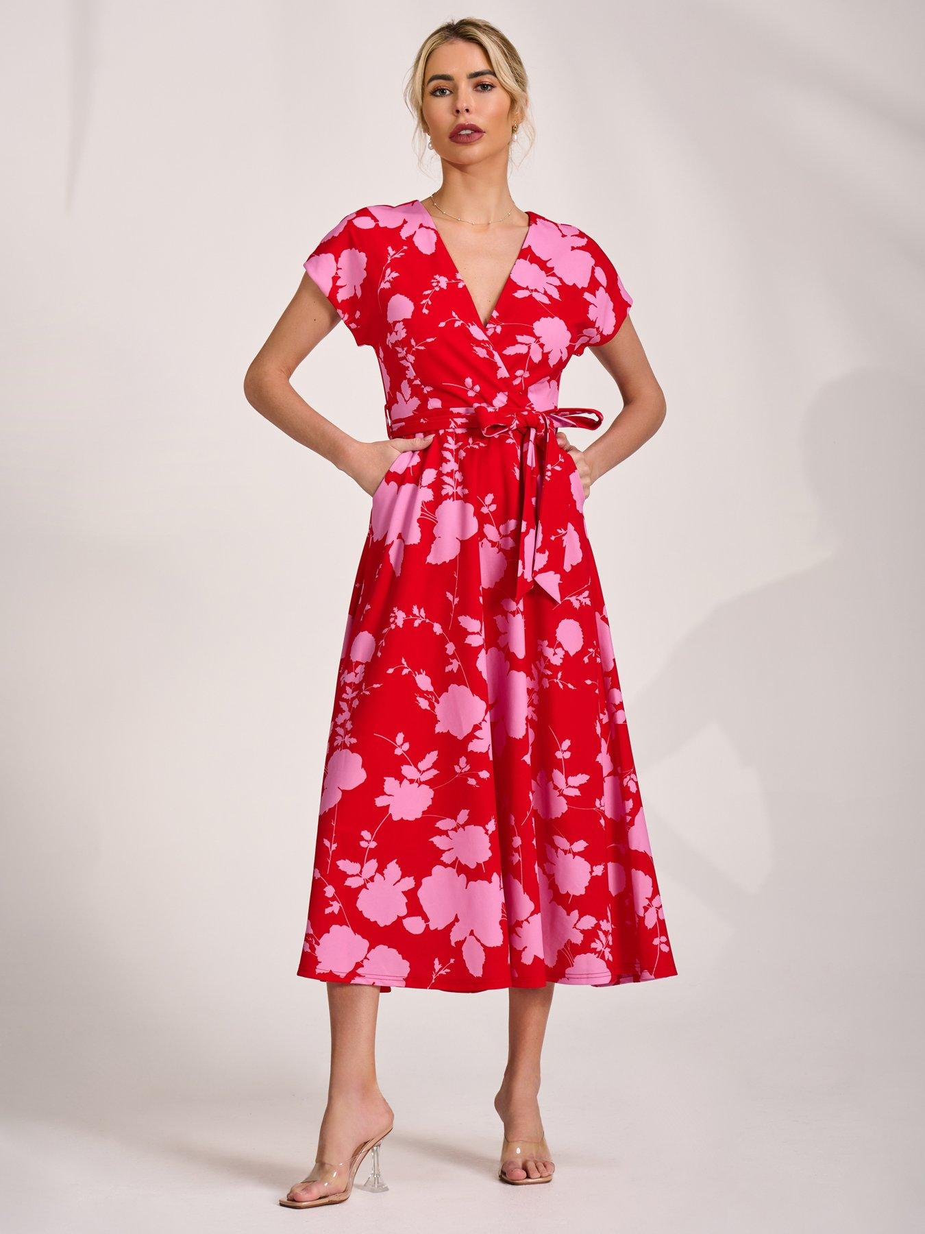 Jolie Moi Kimono Sleeve Print Scuba Midaxi Dress - Red