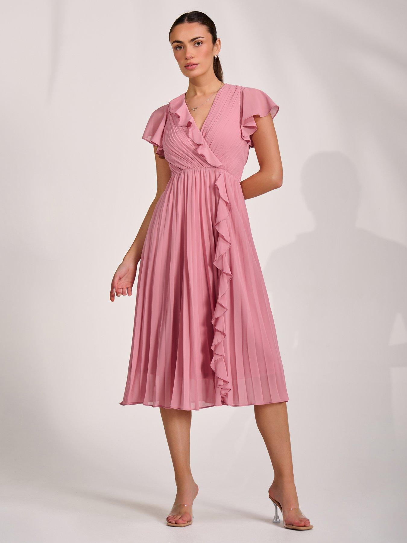 Jolie Moi Ruffle Pleated Chiffon Midi Dress - Pink