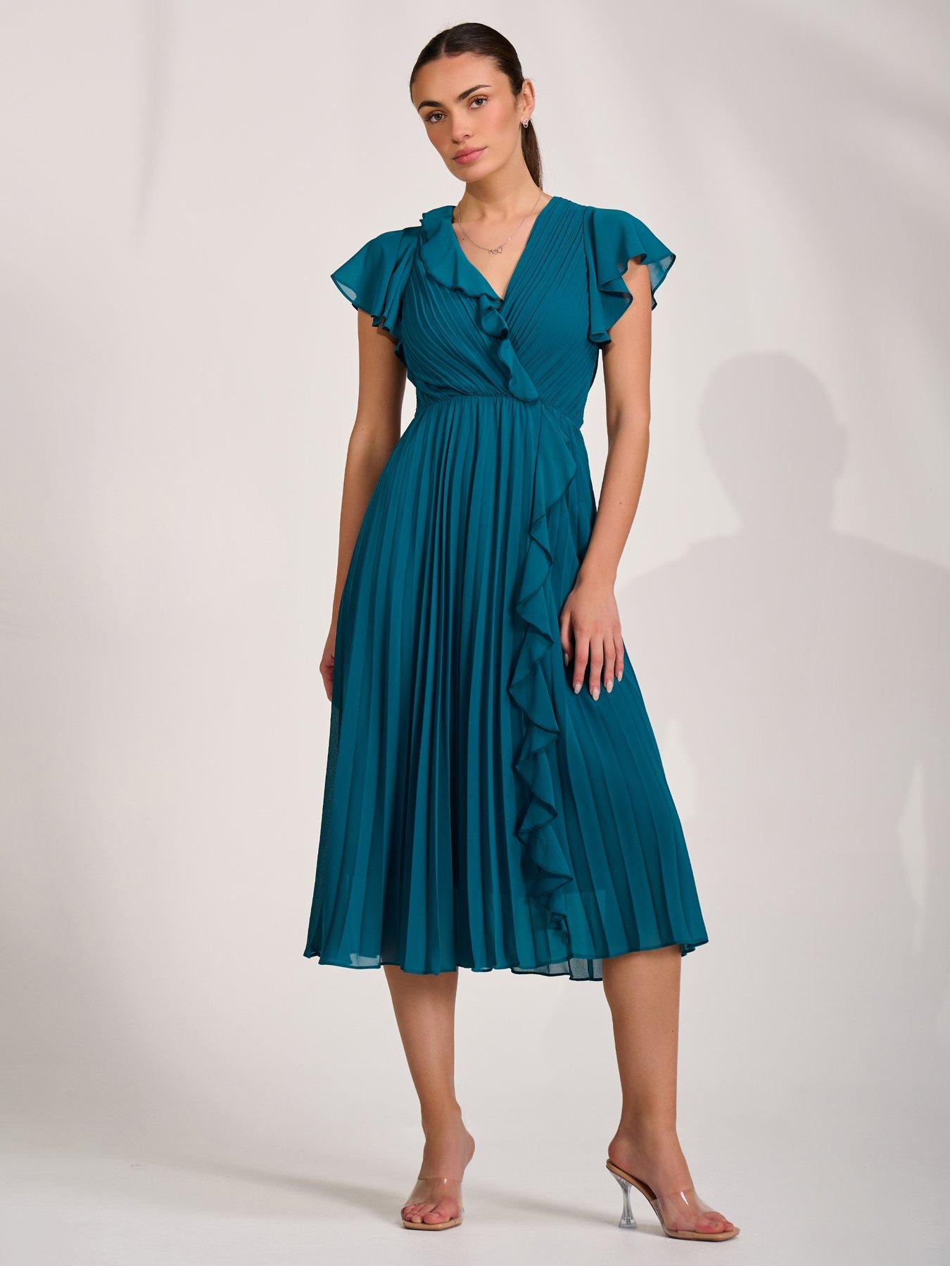 Jolie Moi Ruffle Pleated Chiffon Midi Dress - Blue