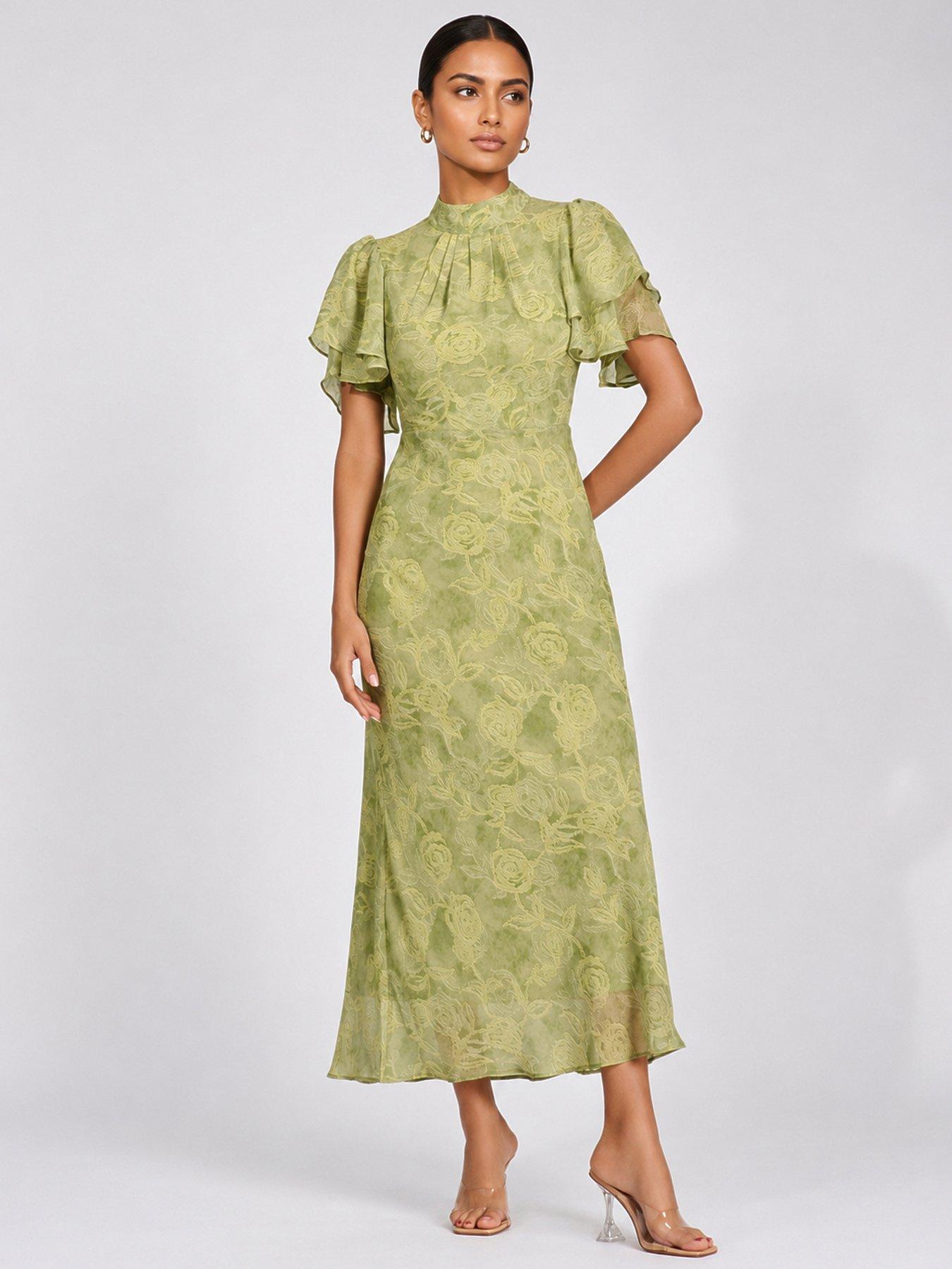 Jolie Moi High Neck Angel Sleeve Chiffon Maxi Dress - Green