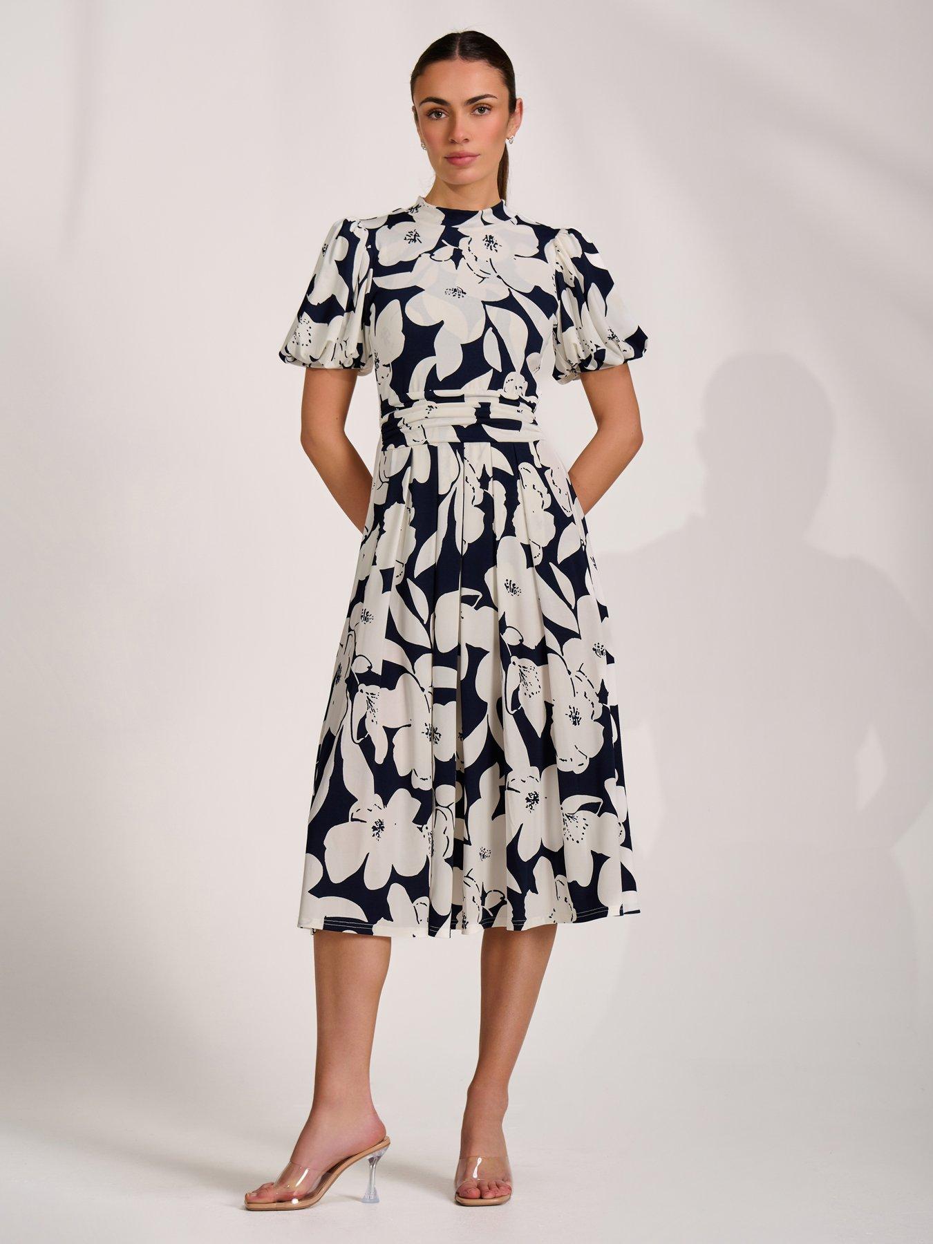 Jolie Moi Turtle Neck Puff Sleeve Jersey Midi Dress - Cream