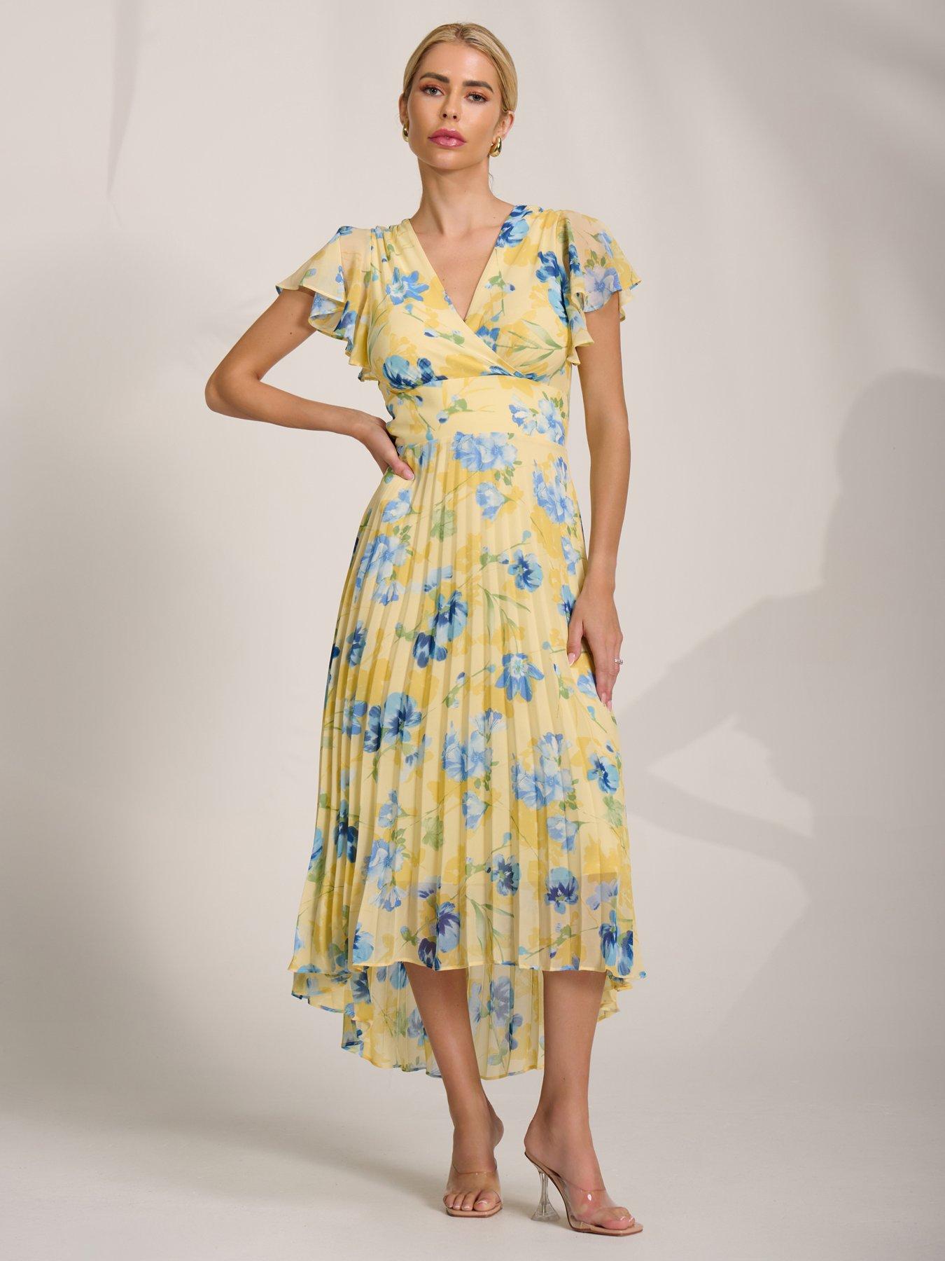 Jolie Moi Cap Sleeve Pleated Chiffon Maxi Dress - Yellow
