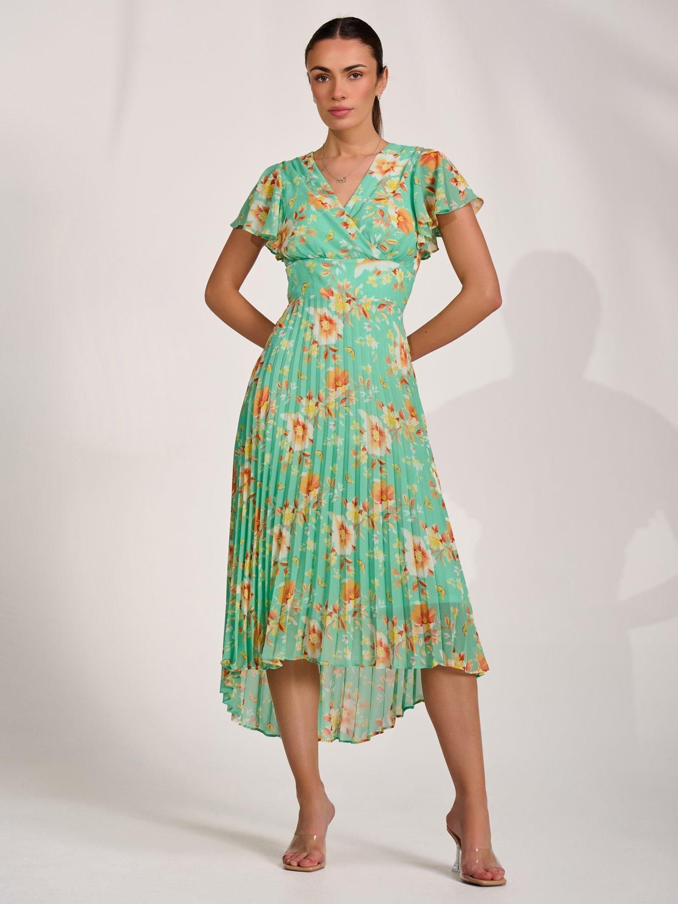 Jolie Moi Cap Sleeve Pleated Chiffon Maxi Dress - Green