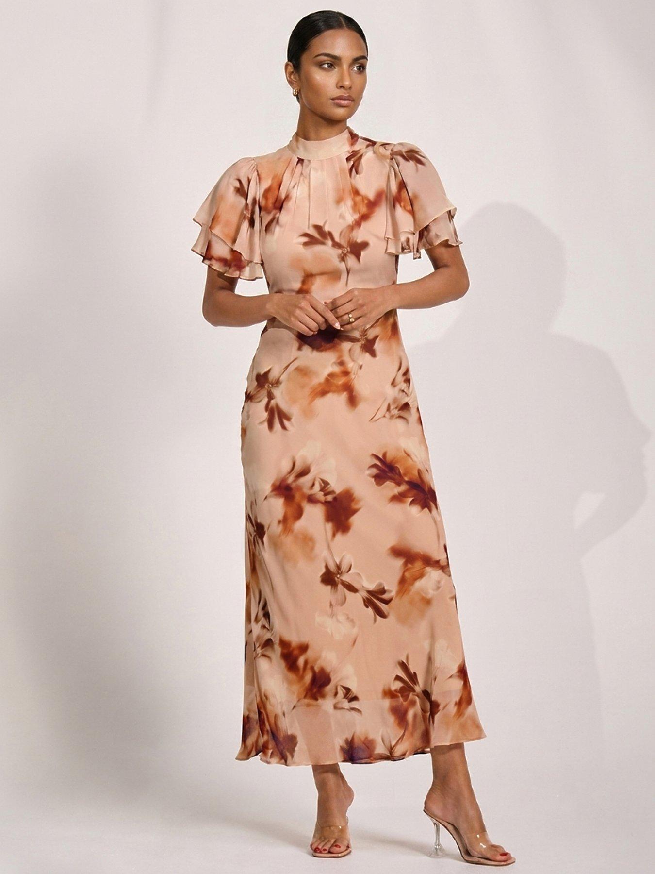 Jolie Moi High Neck Angel Sleeve Chiffon Maxi Dress - Brown