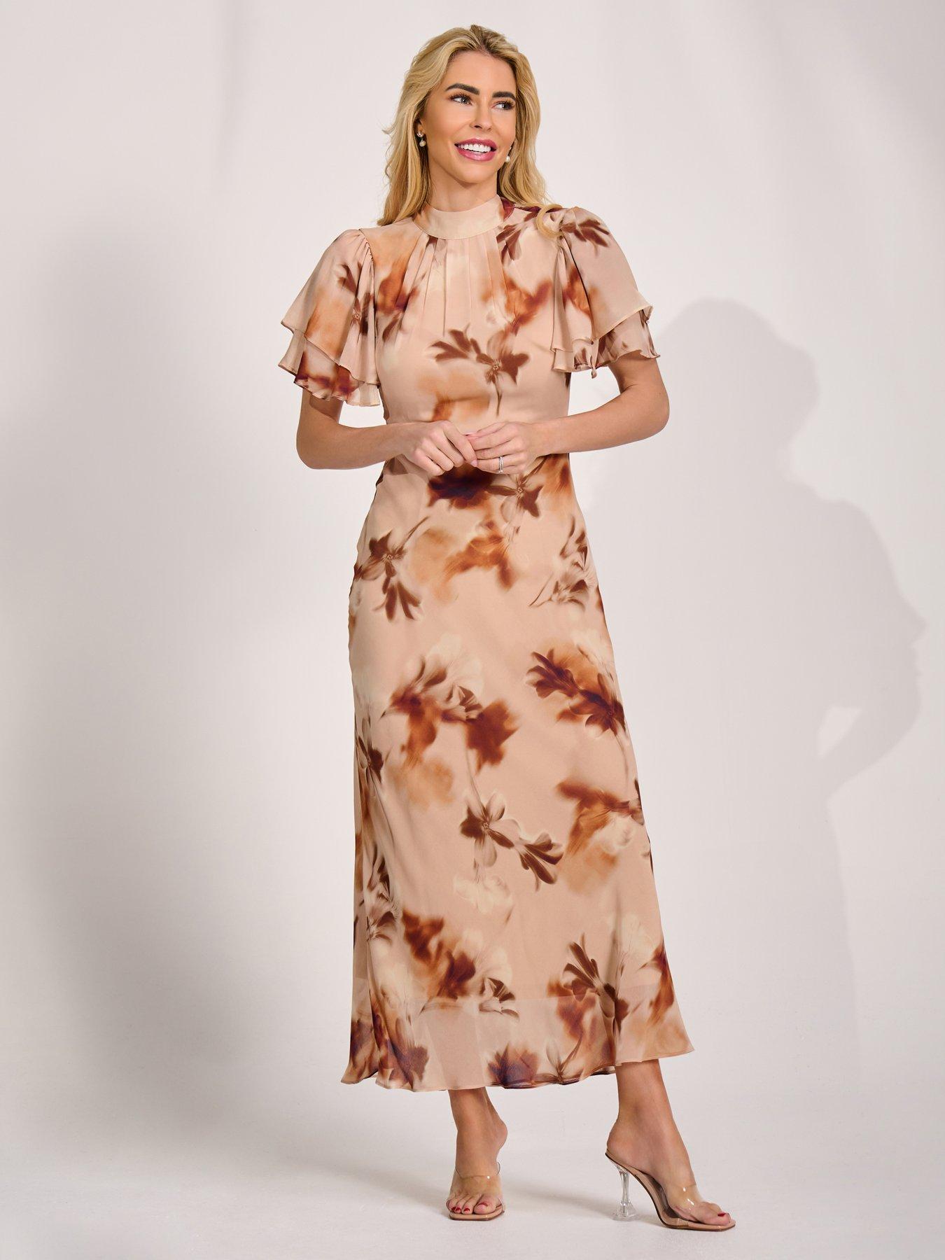 Jolie Moi High Neck Angel Sleeve Chiffon Maxi Dress - Brown