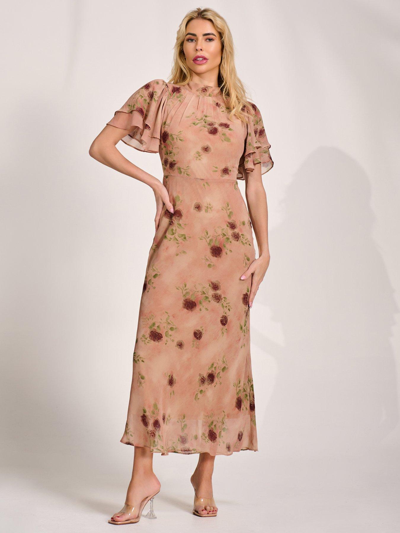 Jolie Moi High Neck Angel Sleeve Chiffon Maxi Dress - Beige