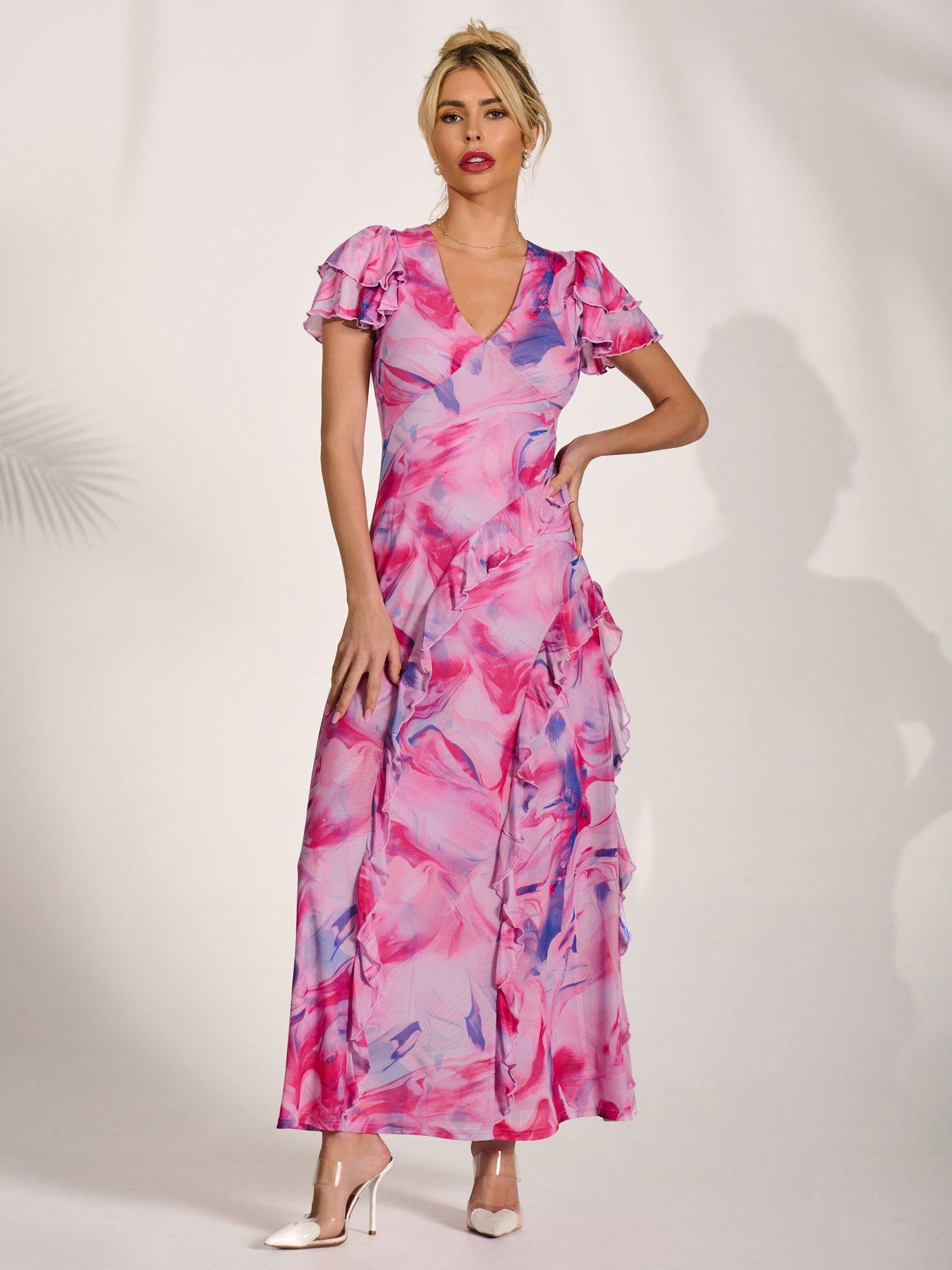 Jolie Moi Cap Sleeve Ruffle Mesh Maxi Dress - Pink
