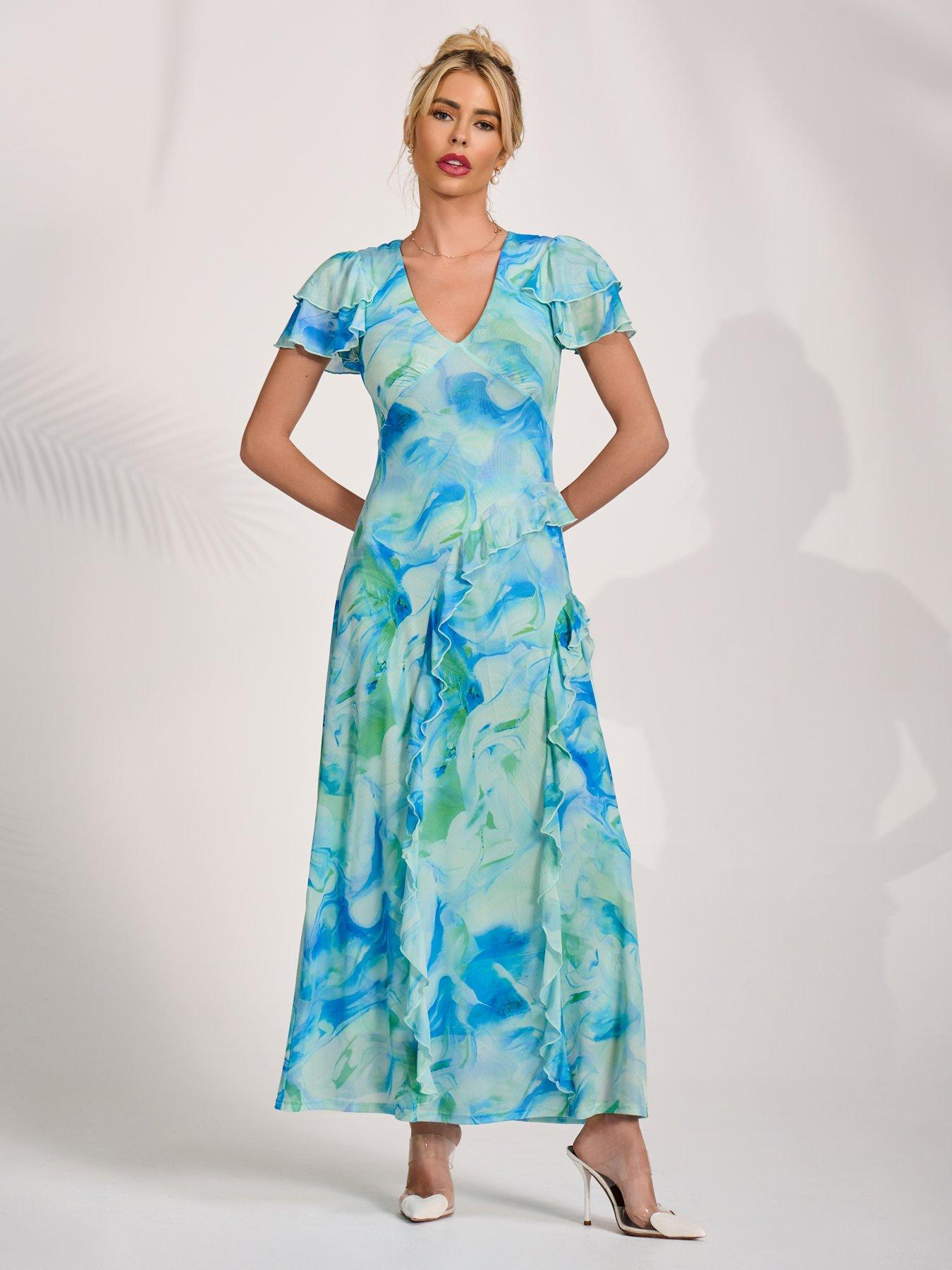 Jolie Moi Cap Sleeve Ruffle Mesh Maxi Dress - Blue