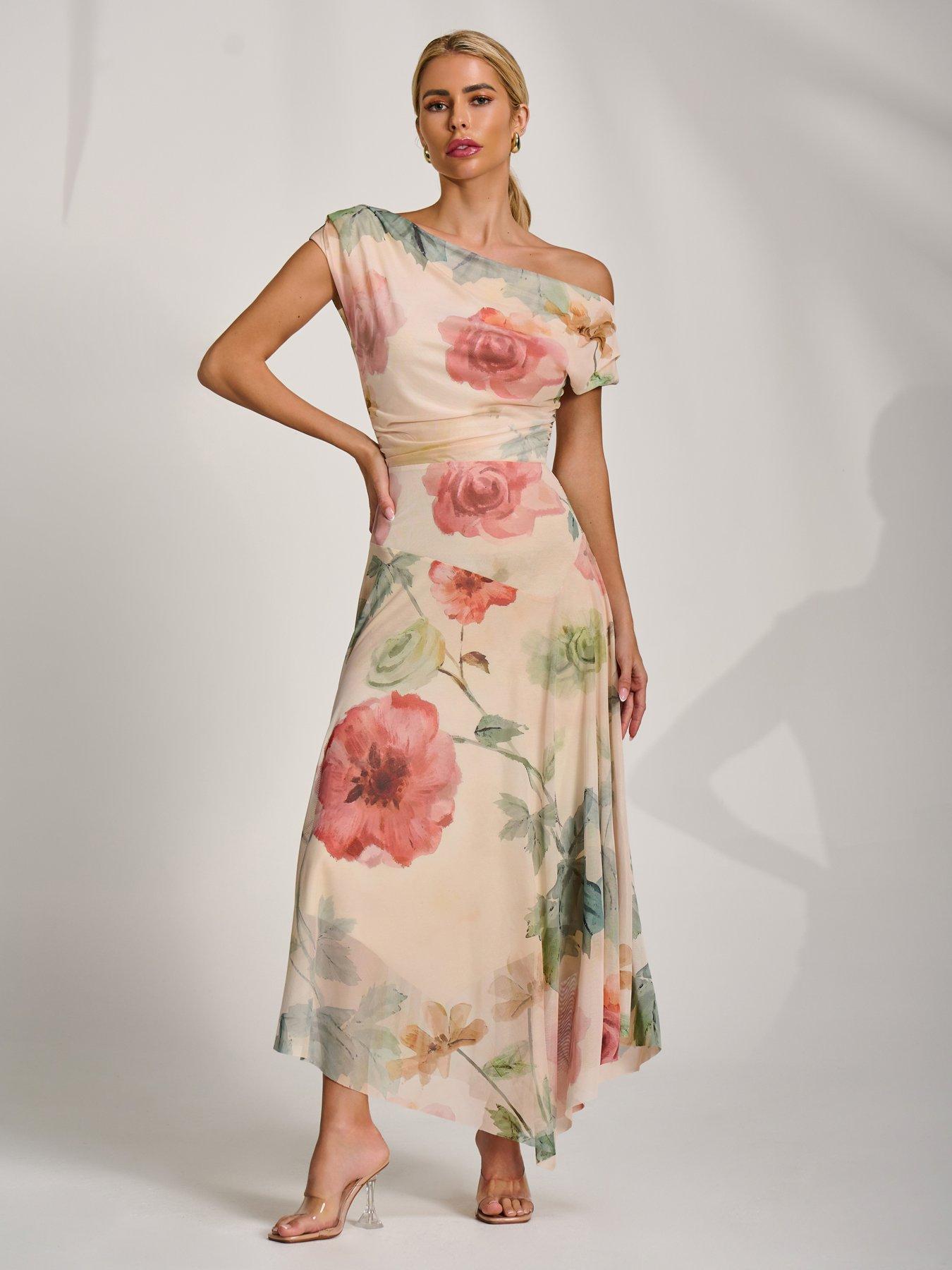 Jolie Moi Asymmetrical Draped Mesh Maxi Dress - Yellow