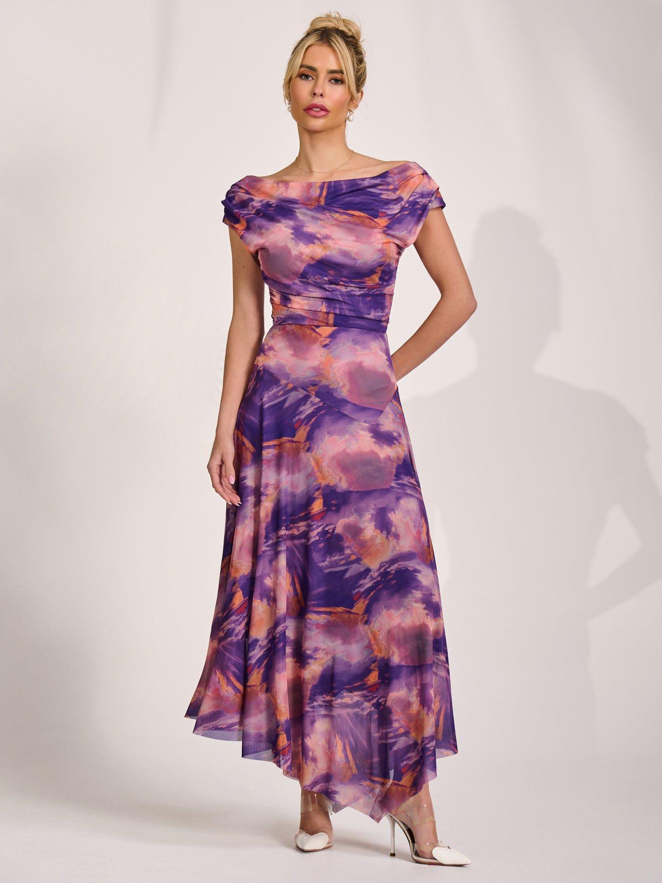 Image 1 of 7 of Jolie Moi Asymmetrical Draped Mesh Maxi Dress