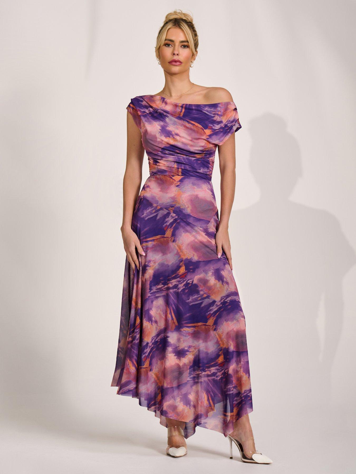 Image 3 of 7 of Jolie Moi Asymmetrical Draped Mesh Maxi Dress