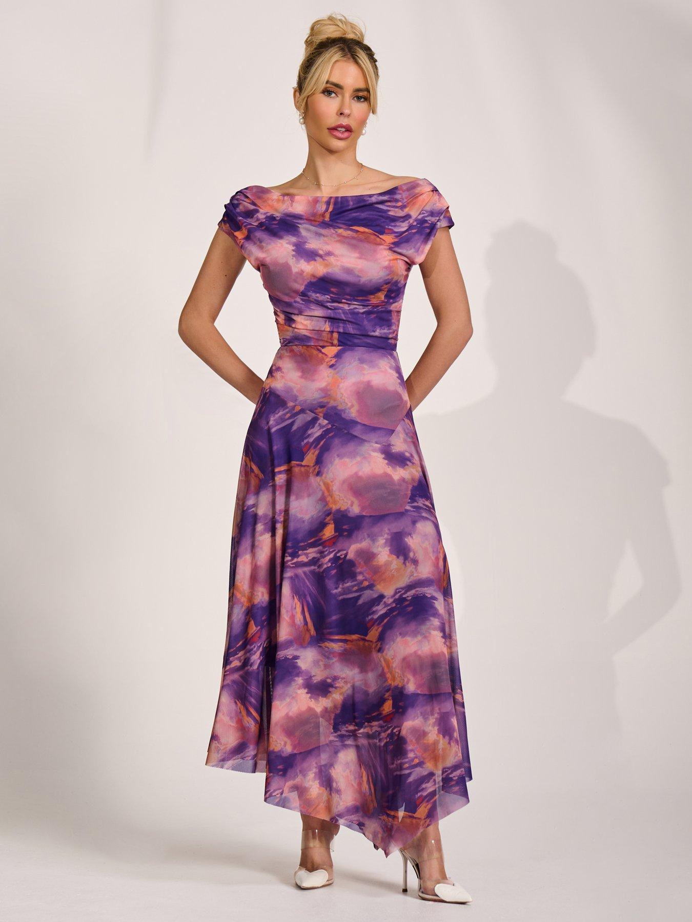 Image 5 of 7 of Jolie Moi Asymmetrical Draped Mesh Maxi Dress
