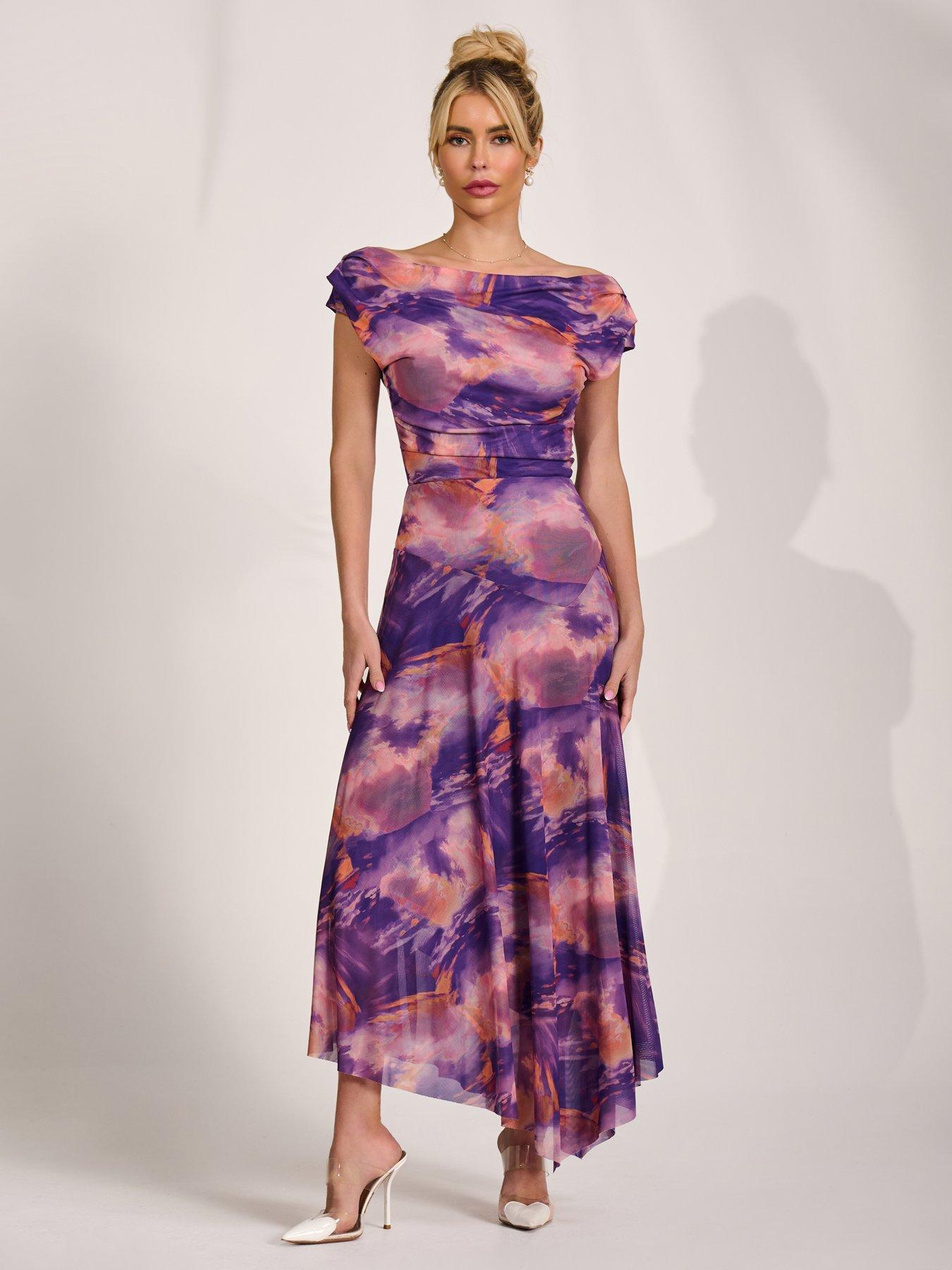 Image 6 of 7 of Jolie Moi Asymmetrical Draped Mesh Maxi Dress