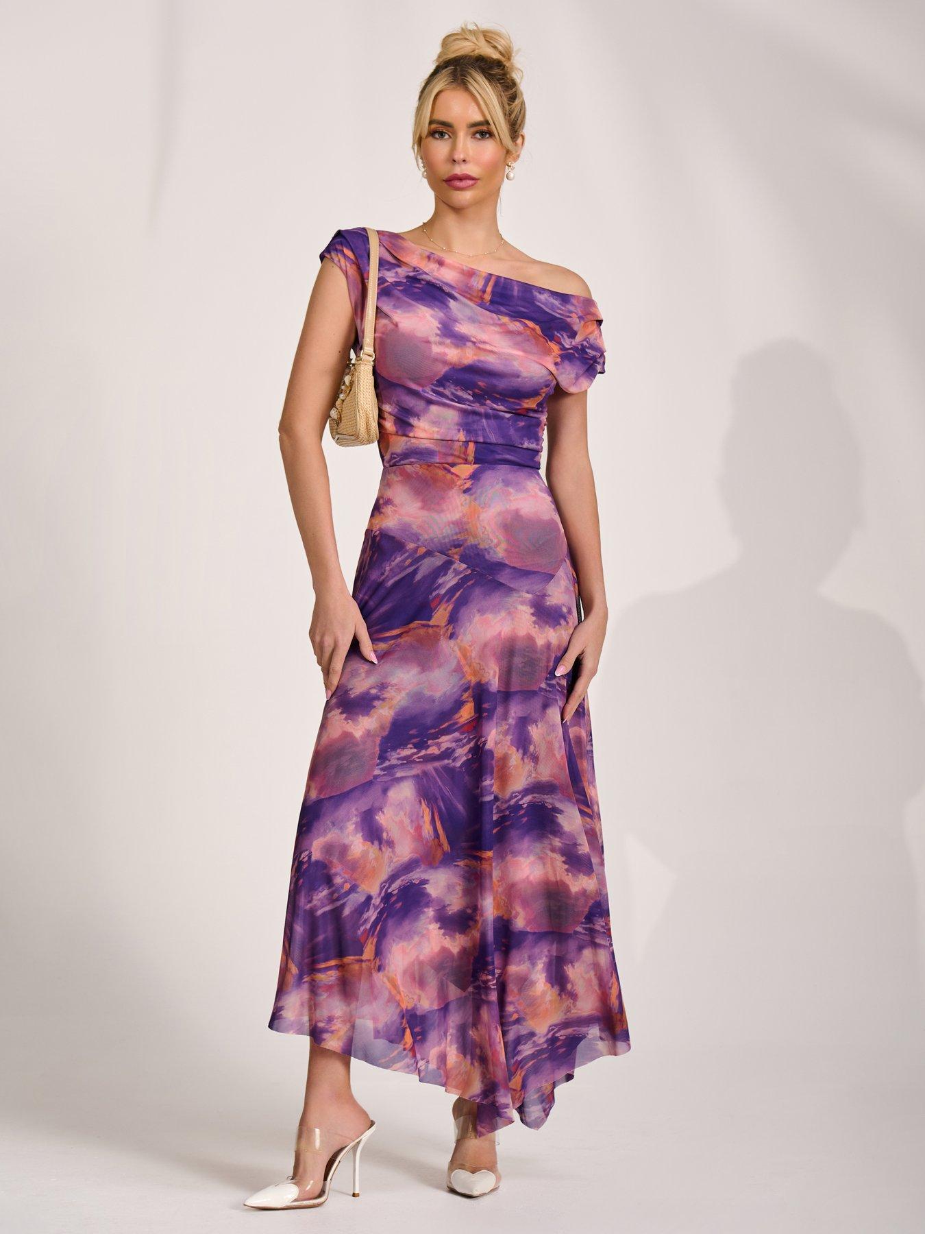 Image 7 of 7 of Jolie Moi Asymmetrical Draped Mesh Maxi Dress