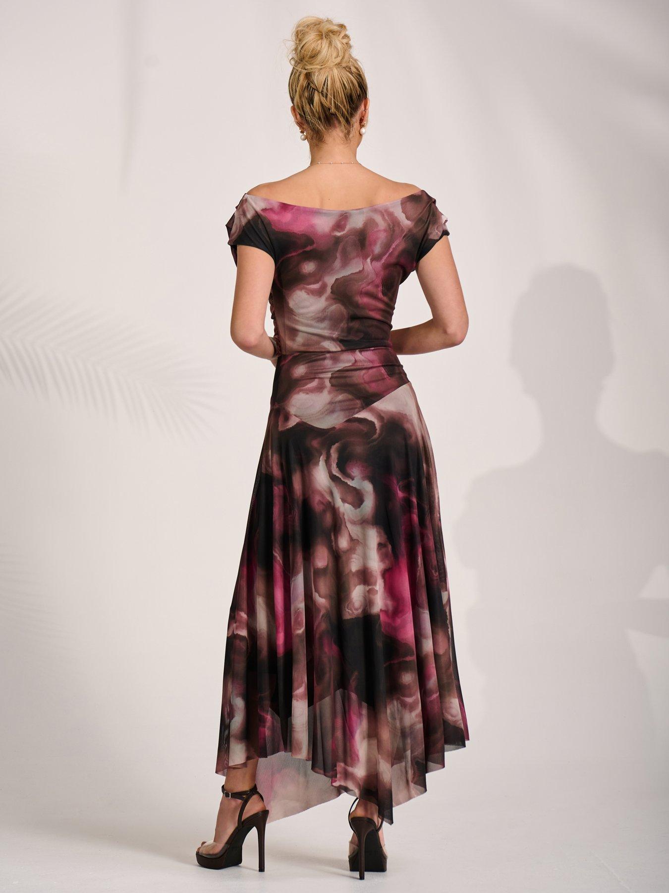 Image 2 of 7 of Jolie Moi Asymmetrical Draped Mesh Maxi Dress - Pink