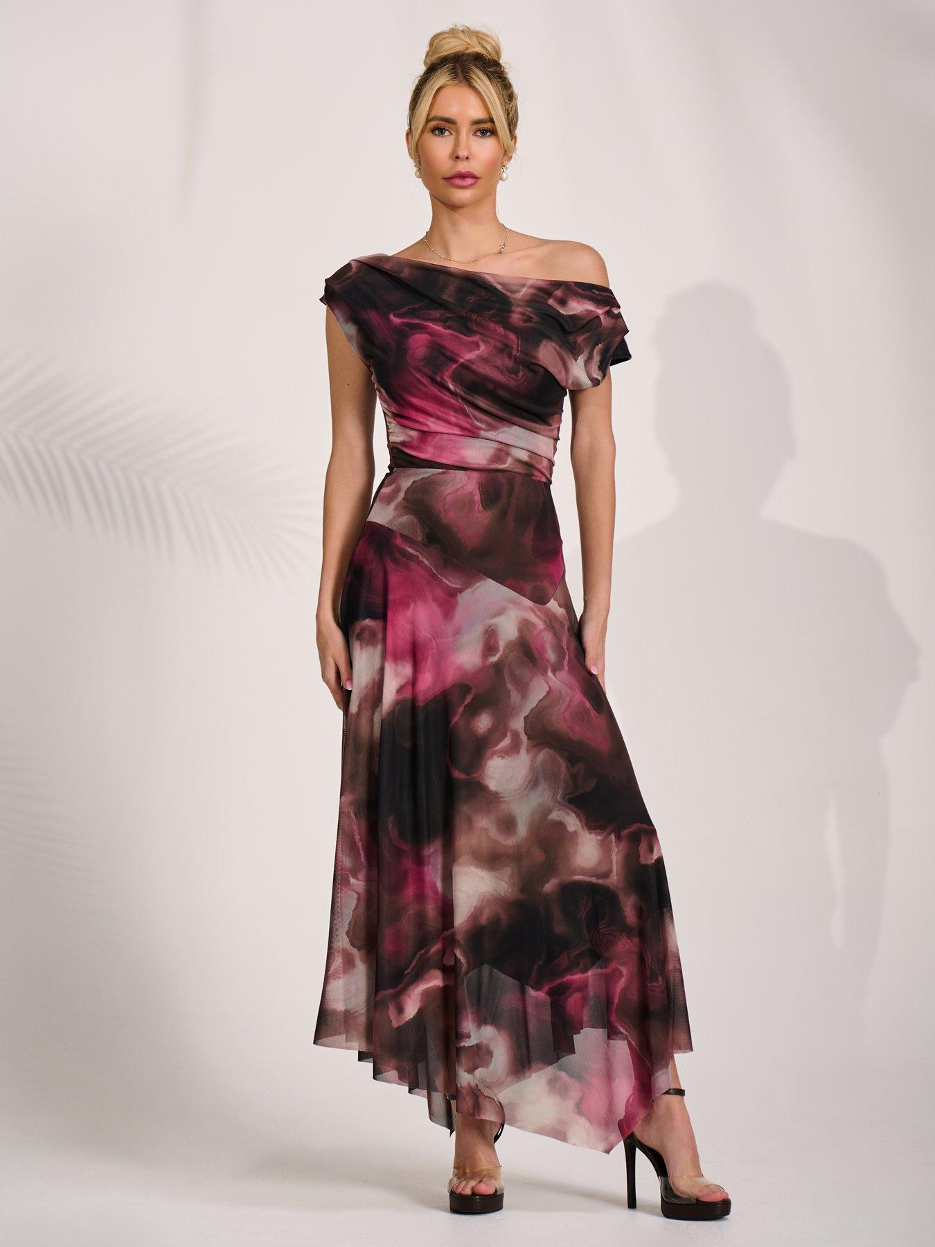 Image 3 of 7 of Jolie Moi Asymmetrical Draped Mesh Maxi Dress - Pink