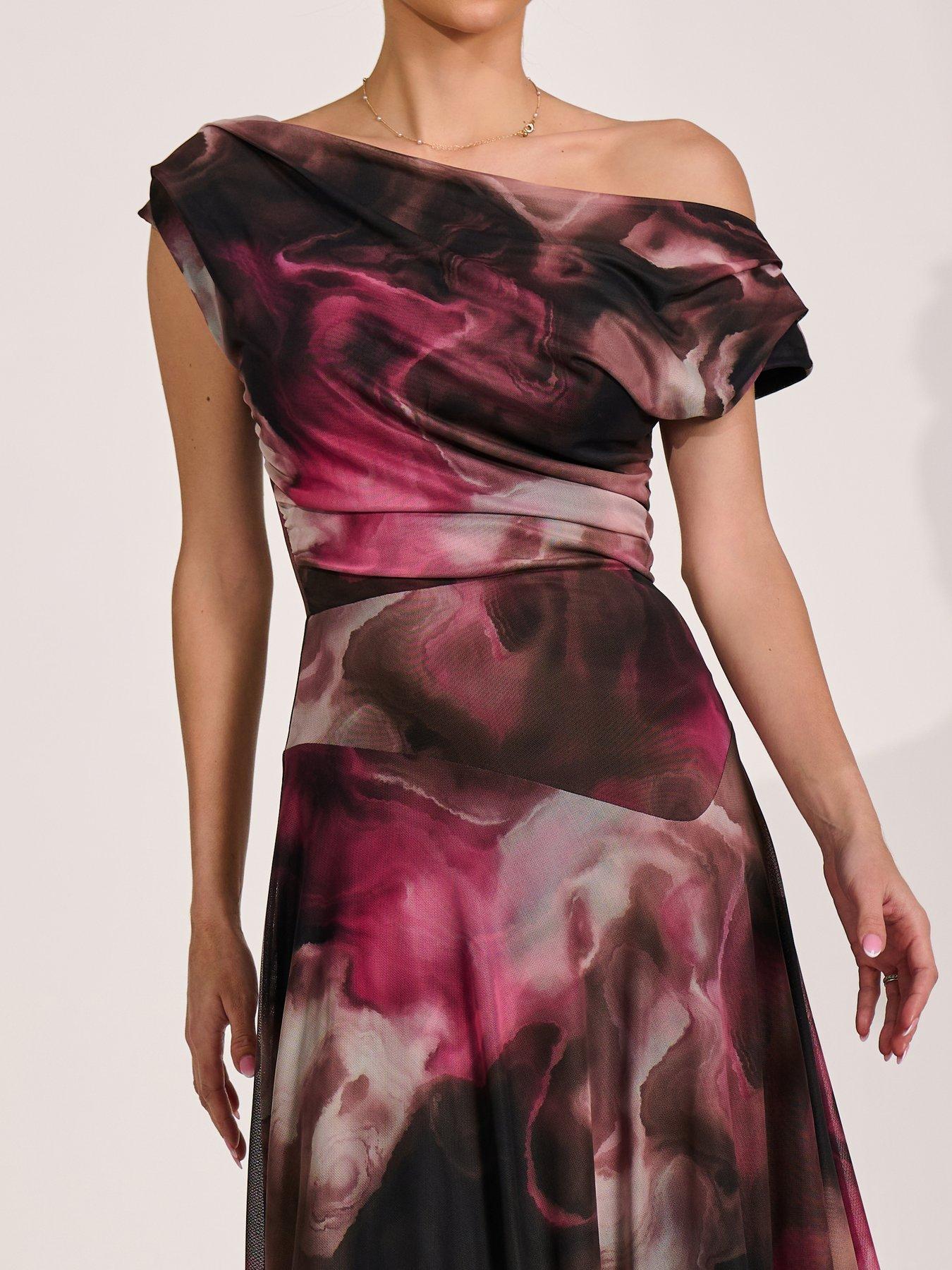 Image 4 of 7 of Jolie Moi Asymmetrical Draped Mesh Maxi Dress - Pink