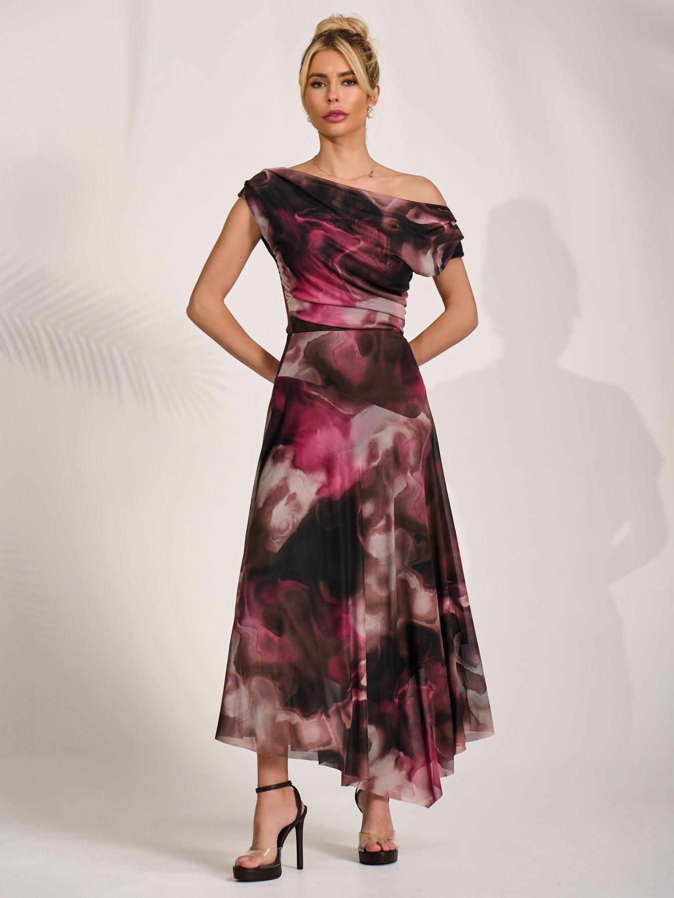 Image 5 of 7 of Jolie Moi Asymmetrical Draped Mesh Maxi Dress - Pink