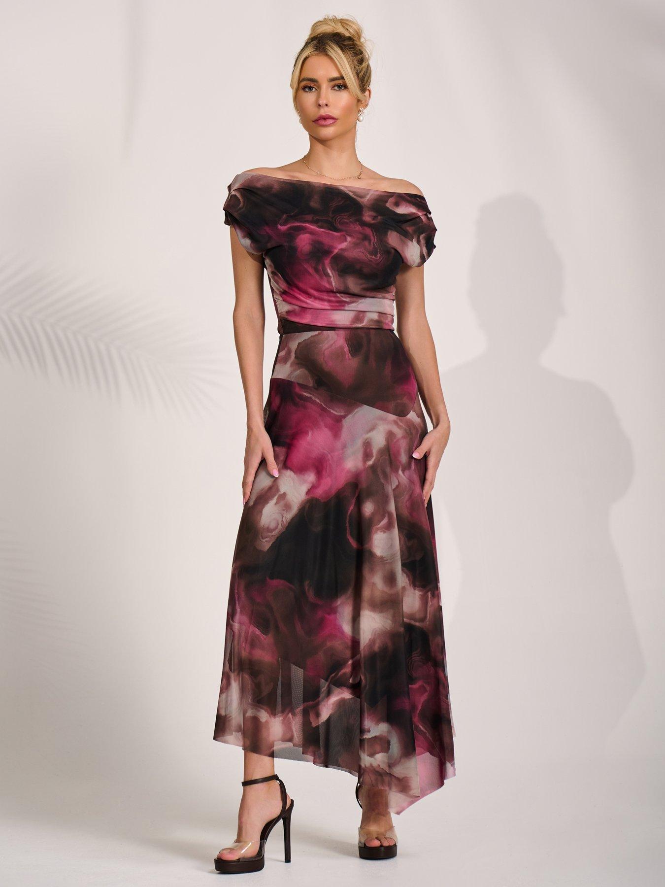 Image 6 of 7 of Jolie Moi Asymmetrical Draped Mesh Maxi Dress - Pink