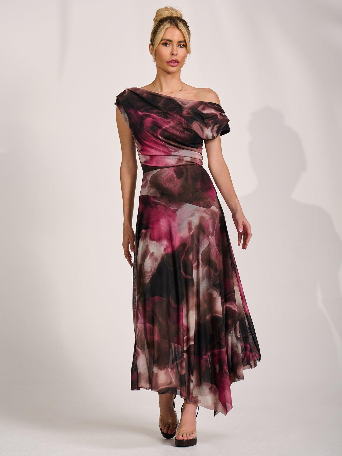 Image 7 of 7 of Jolie Moi Asymmetrical Draped Mesh Maxi Dress - Pink
