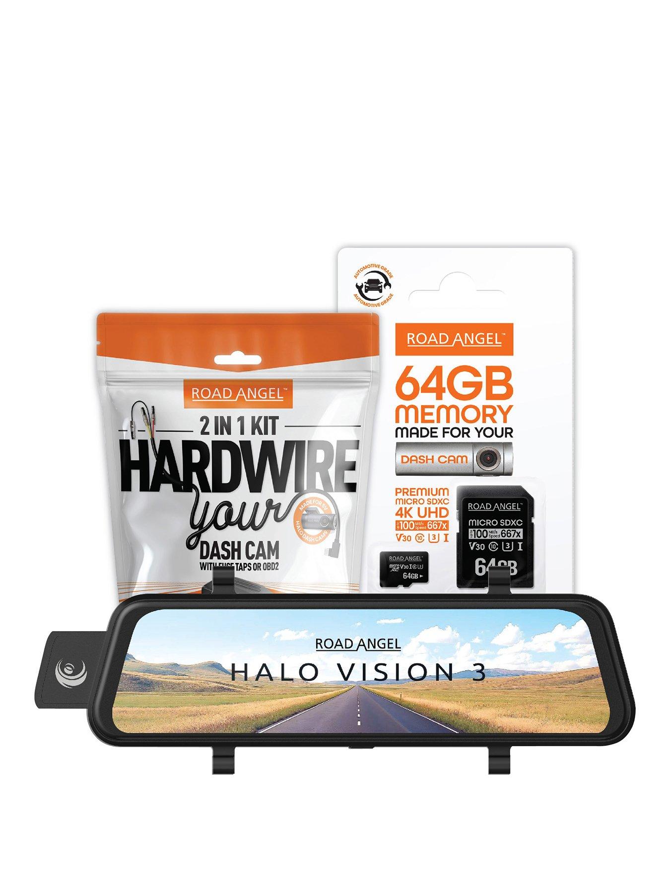 Road Angel Halo Vision 3 Rear View Mirror 1080p Dual Dashcam inc 64GB MicroSD Card & Hardwiring Kit