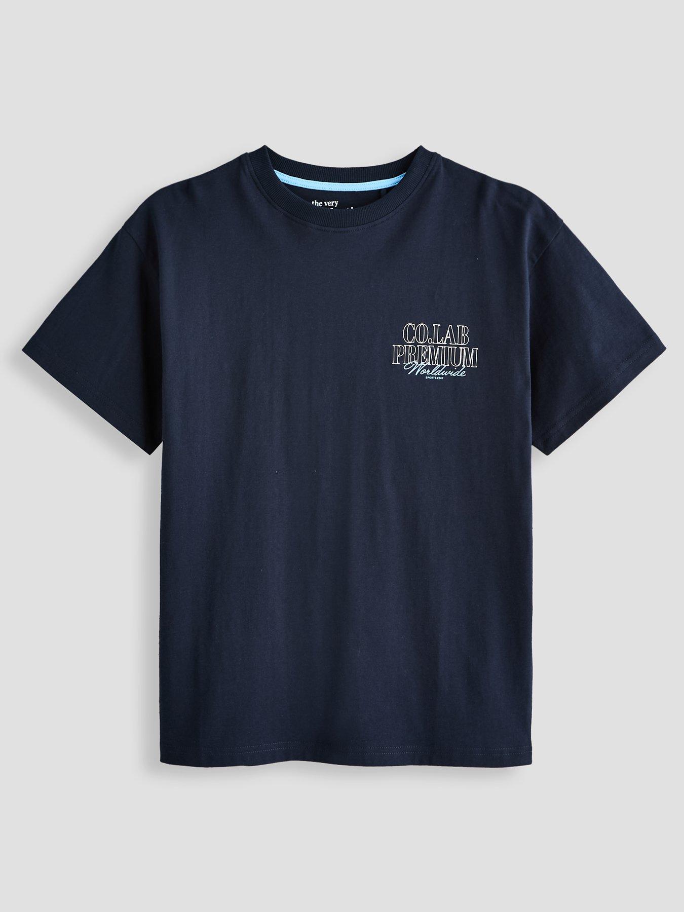 The Very Collection Boys' Cotton Rich Back Print T-Shirt with Crew Neck - Navy