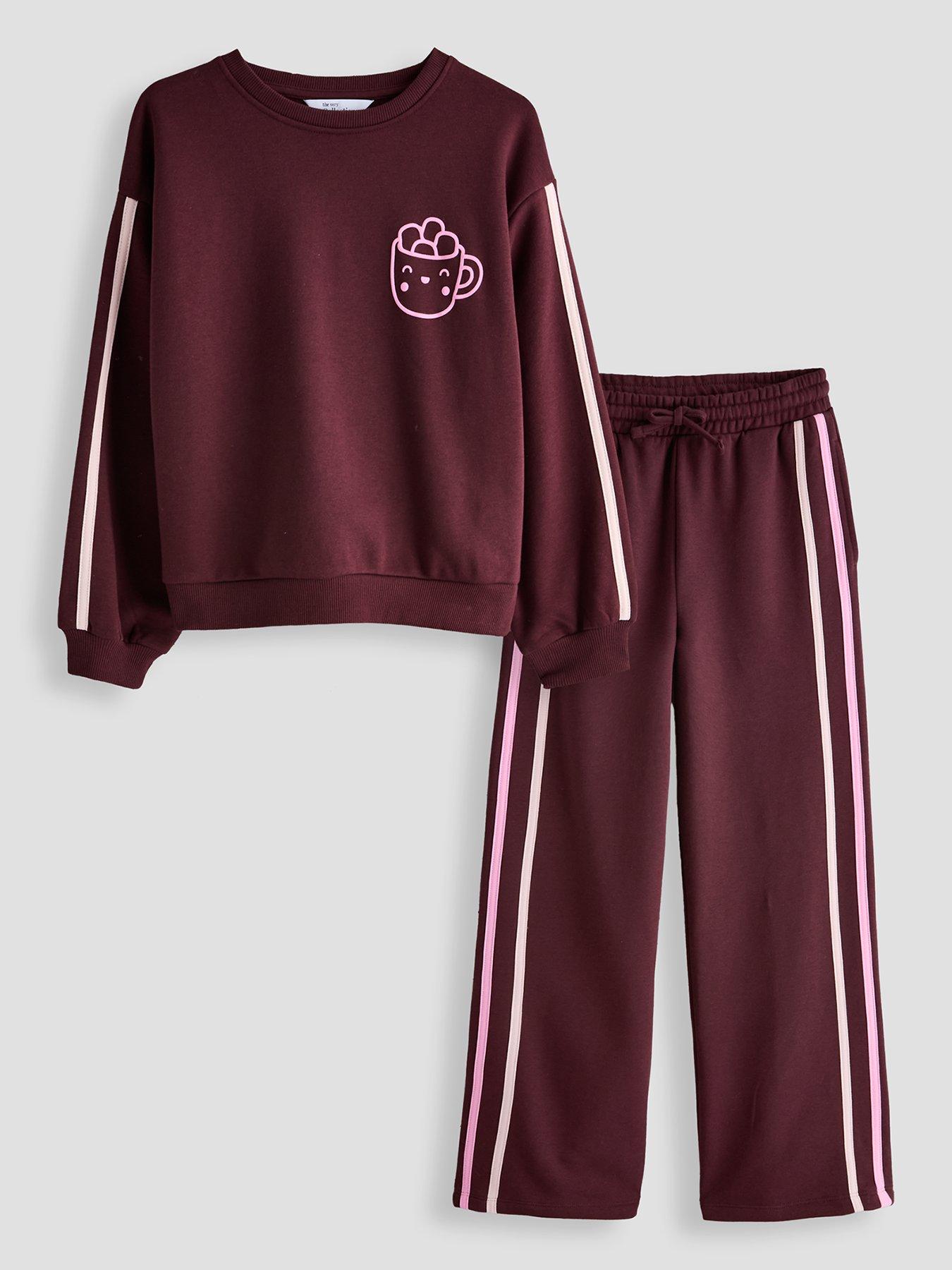 Image 1 of 6 of The Very Collection Girls Smores Slogan Sweat And Wide Leg Joggers With Side Stripes - Red