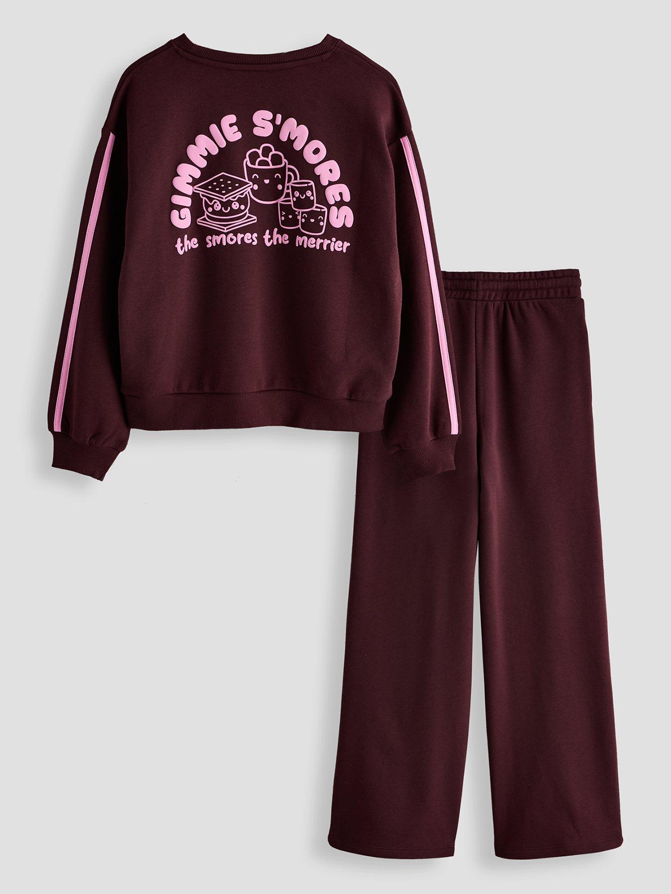 Image 2 of 6 of The Very Collection Girls Smores Slogan Sweat And Wide Leg Joggers With Side Stripes - Red