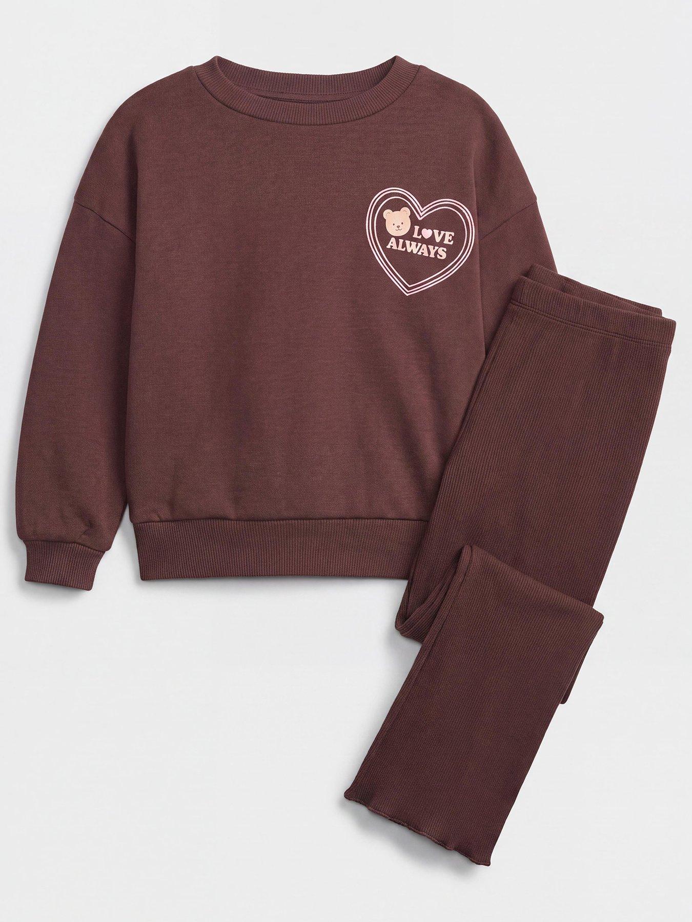 Image 1 of 3 of The Very Collection Girls Sweatshirt With Teddy Bear Pocket And Flare Legging Set - Brown