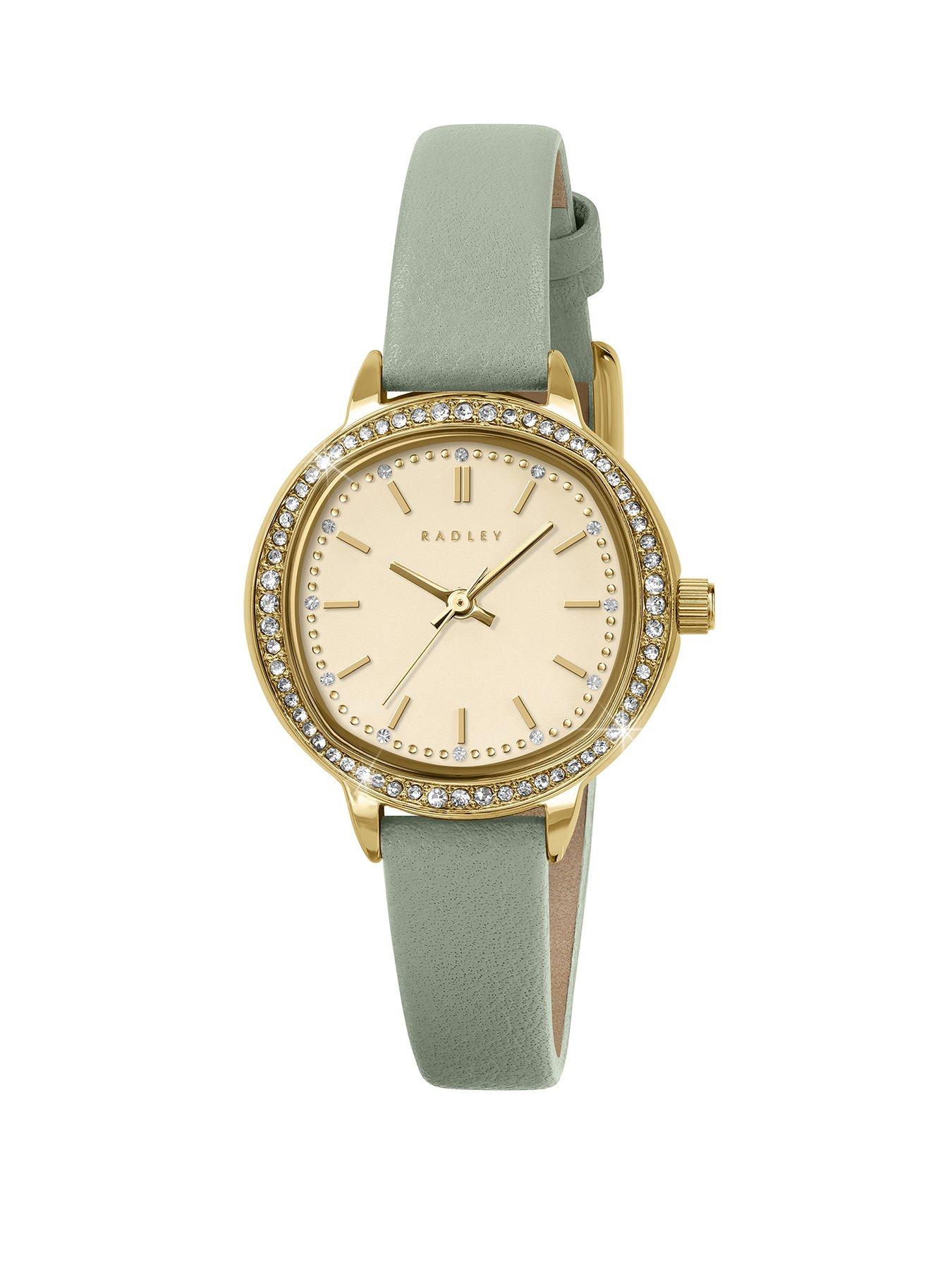 Radley Radley Pale Gold Plated Stone Set Case Pistachio Leather Strap Watch