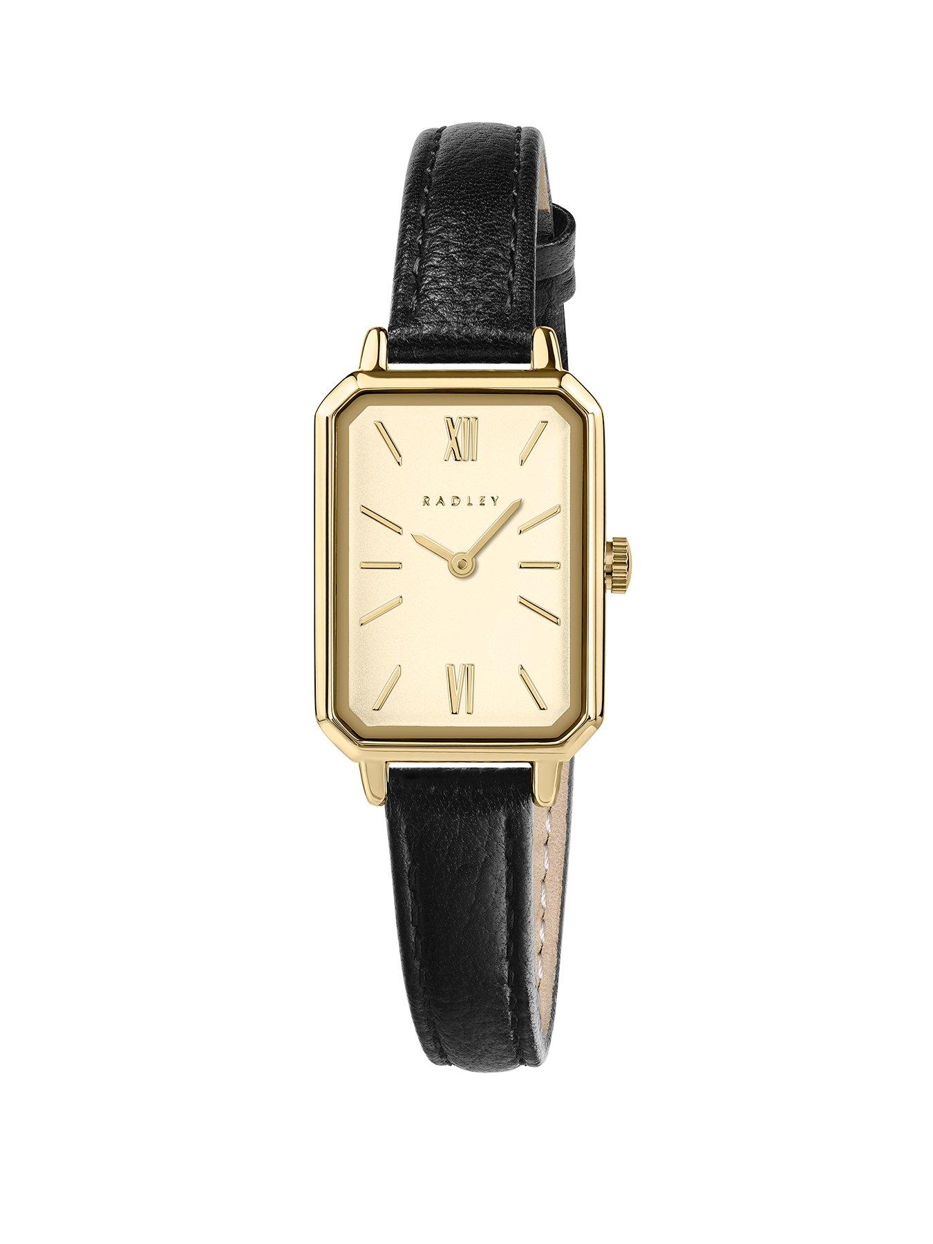 Radley Radley Pale Gold Plated Rectangular Case Black Leather Strap Watch