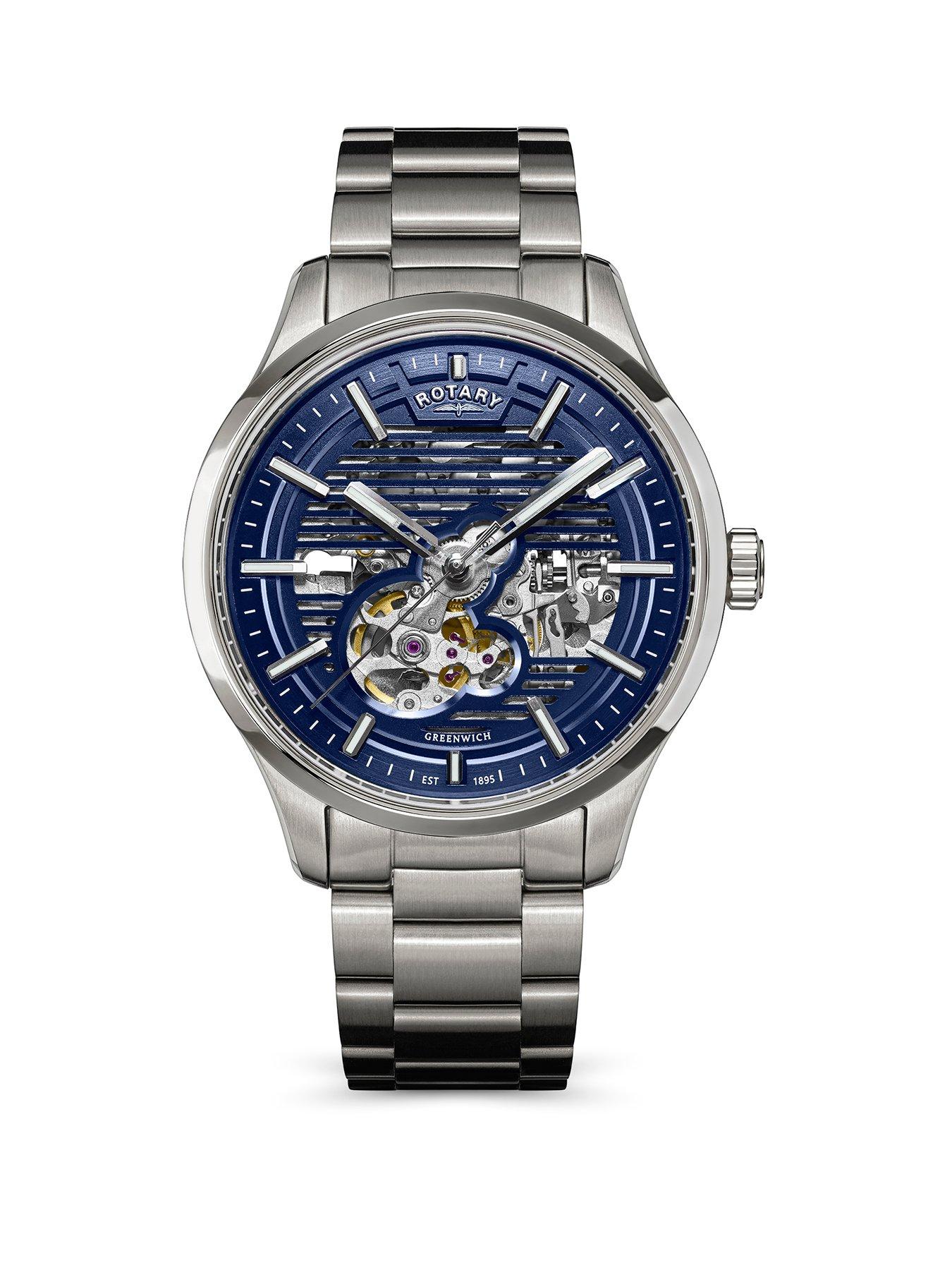 Rotary Rotary Men's Greenwich Skeleton Automatic SS Bracelet Blue Dial 100m