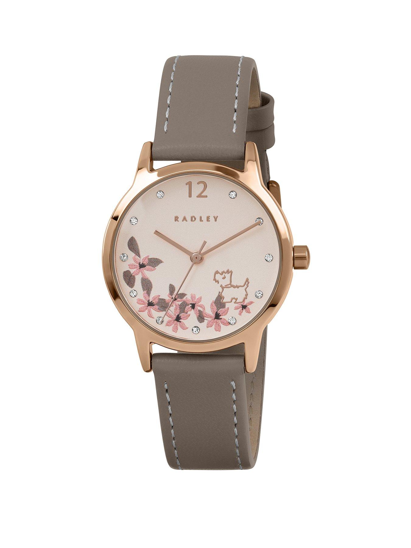Radley Radley Rose Gold Plated Floral Dog Dial Coffee Leather Strap Watch
