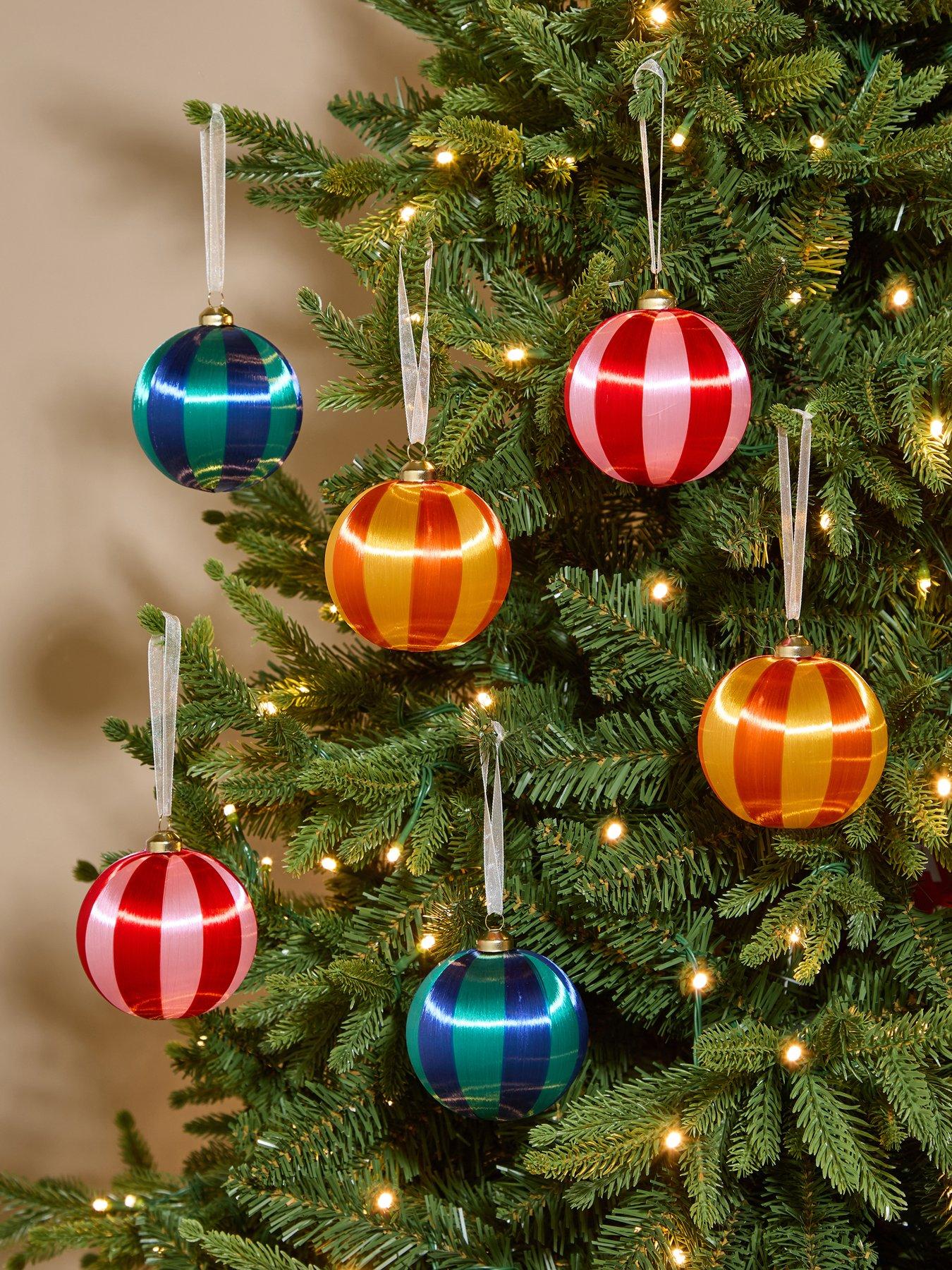 The Very Collection Pack of 6 Striped Silk Christmas Tree Baubles